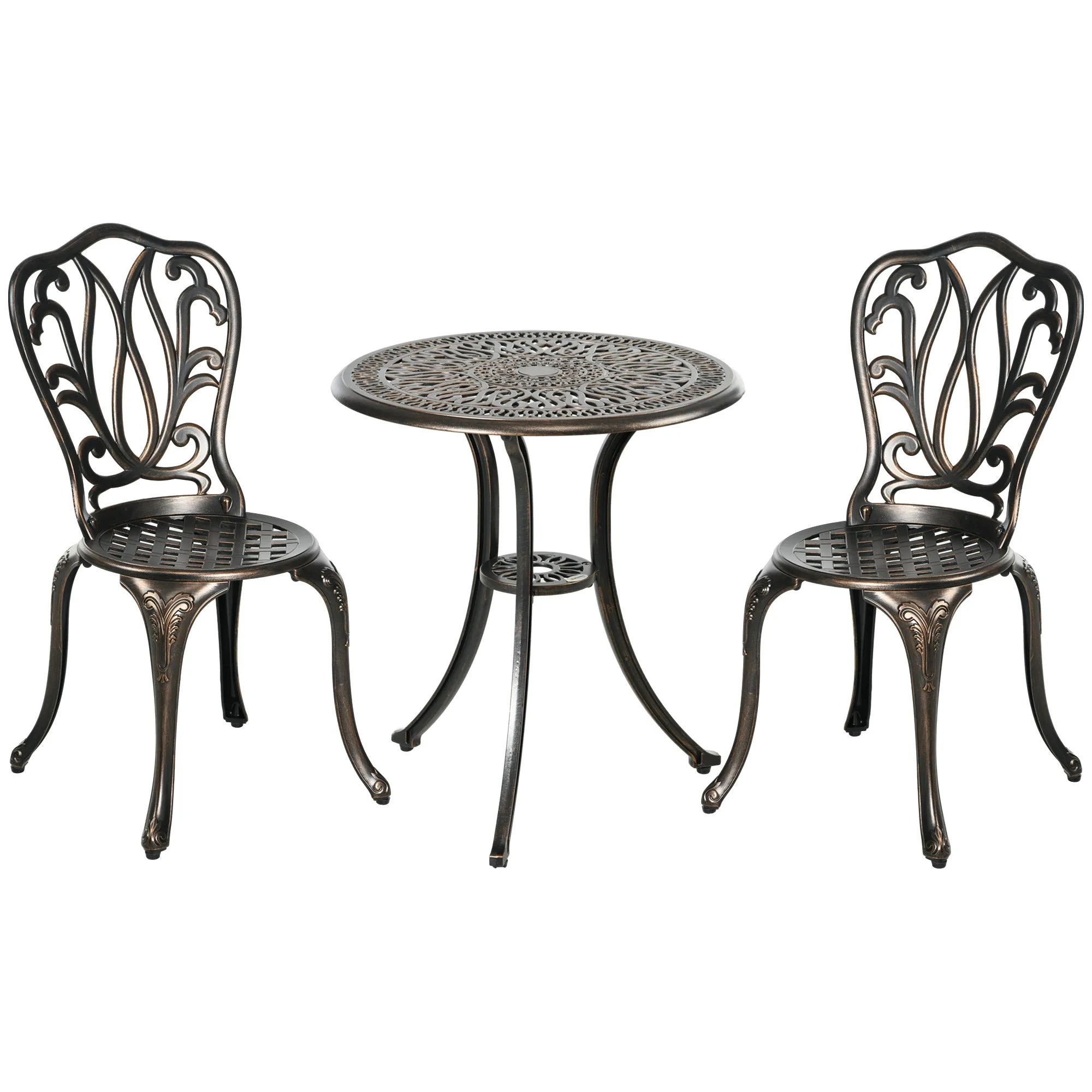 3 Piece Aluminium Garden Bistro Set for 2 with Umbrella Hole Bronze Tone