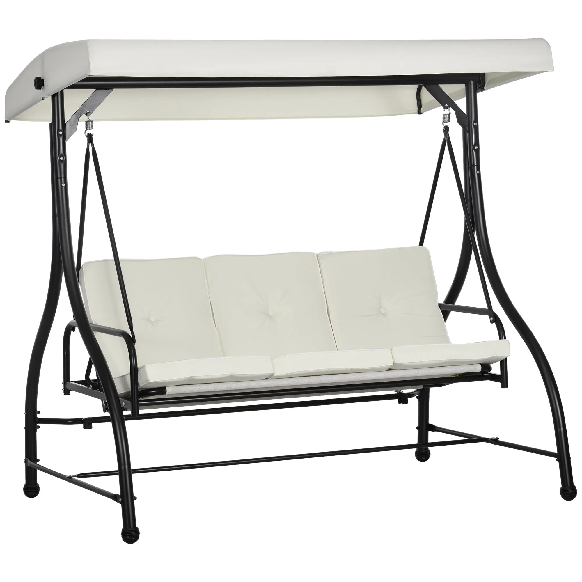 3 Seater Canopy Swing Chair, 2 in 1 Garden Swing Seat Bed with Adjustable Canopy and Metal Frame, Cream White