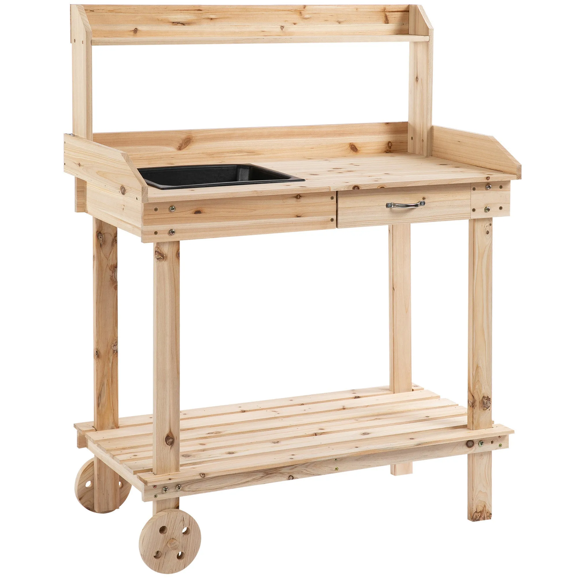 Wooden Garden Potting Bench Table 92x45x119cm Work Station Outdoor Planting Workbench with 2 Wheels