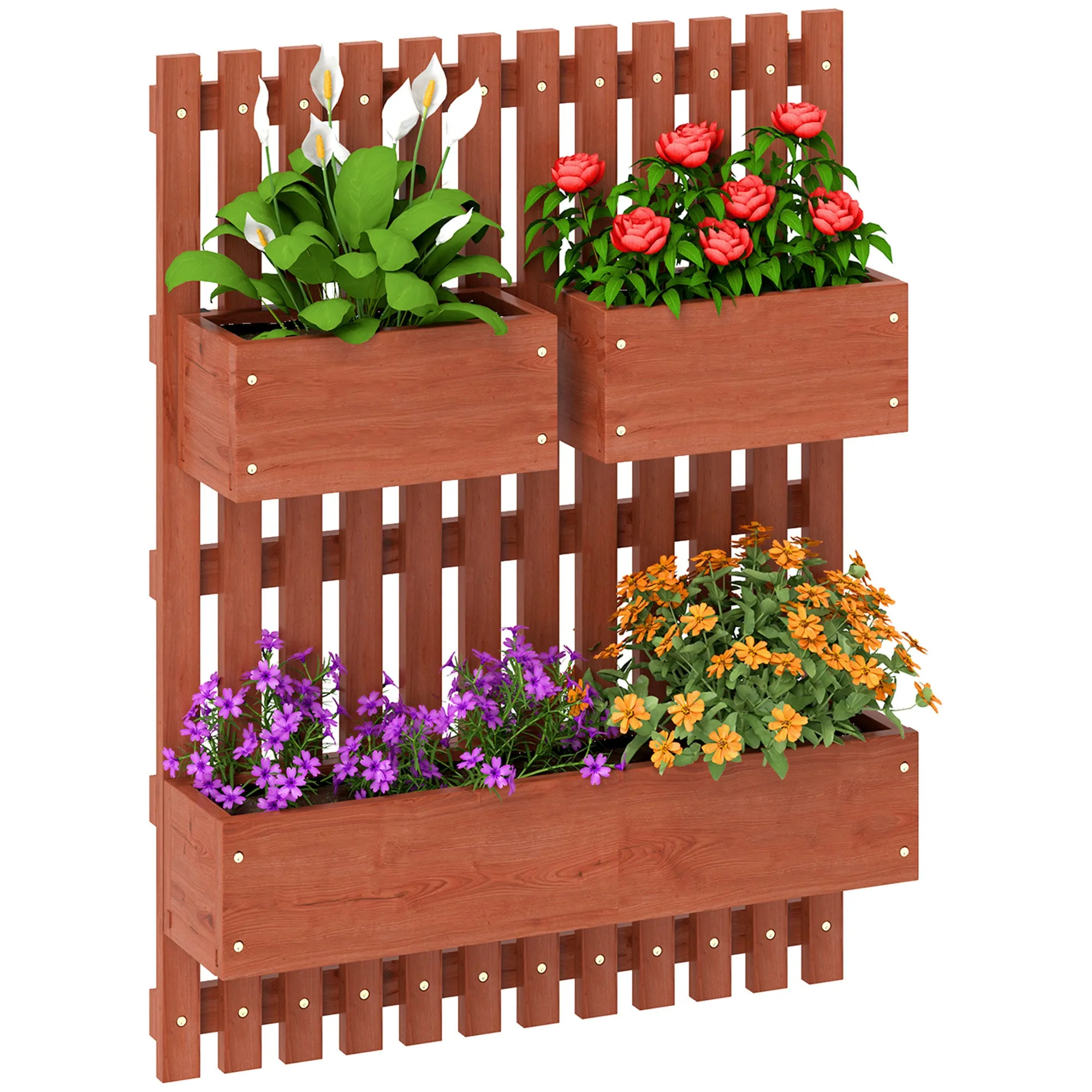 Wooden Garden Planters Brown Wall-mounted with Trellis Drainage Holes 3 Planter Boxes for Patio