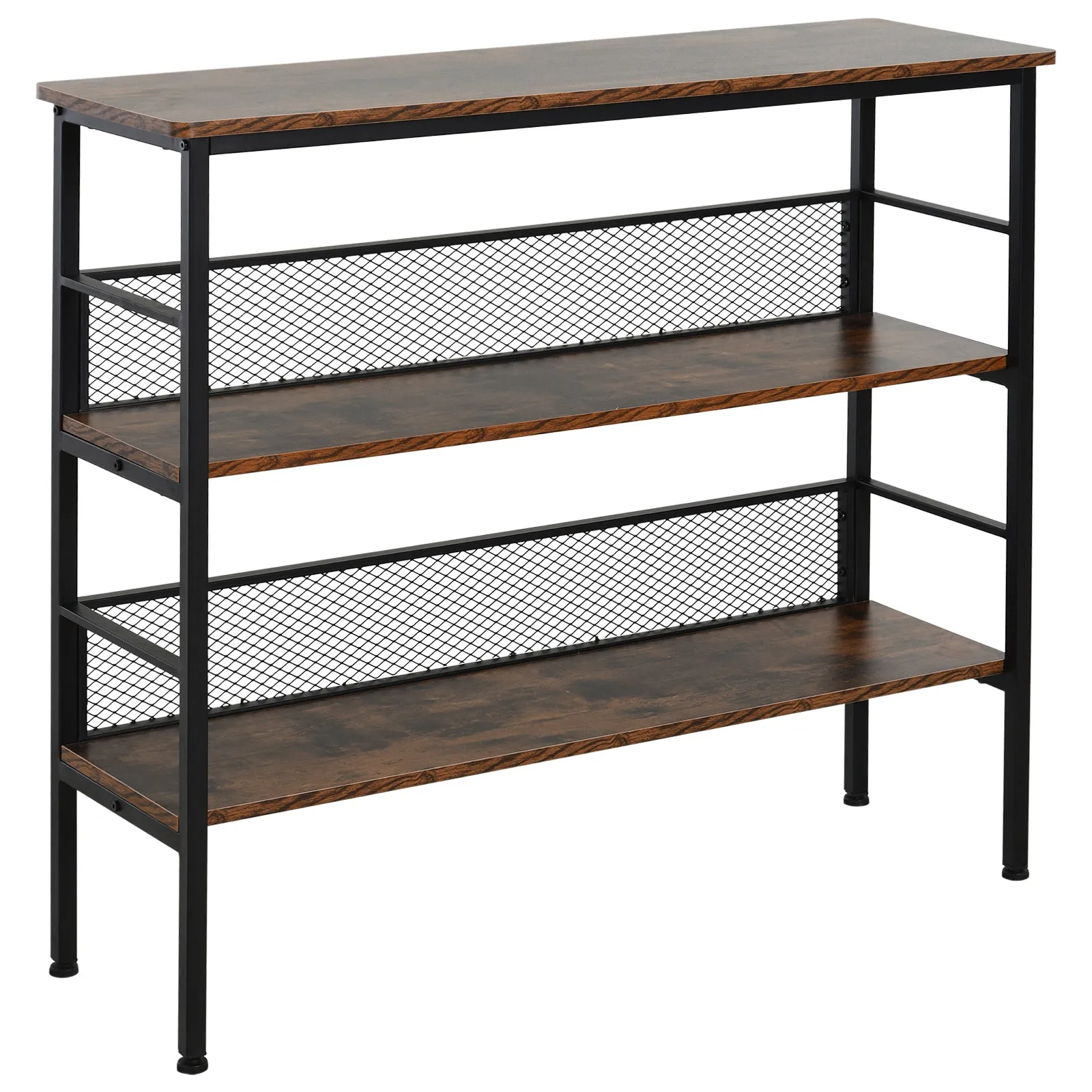 3 Tier Storage Display Shelf Rustic Brown and Black Industrial Bookshelf with Adjustable Feet Metal Frame Shelving Unit for Study Living Room Kitchen