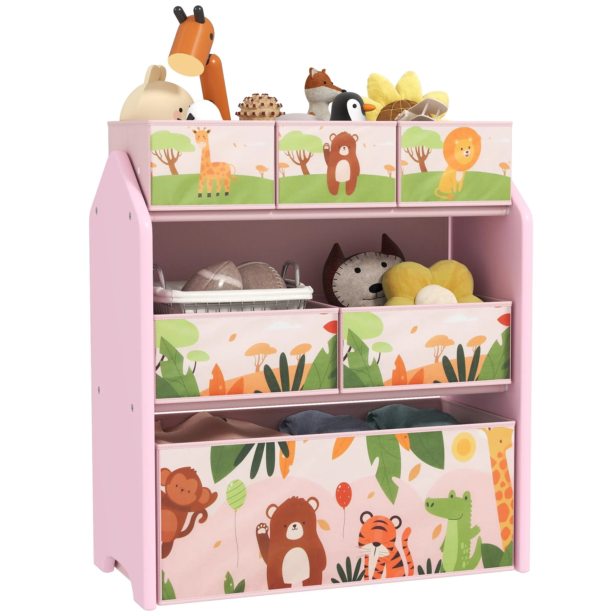 3 Tier Kids Toy Storage Unit with 6 Removable Storage Boxes, for Playroom, Bedroom, Children's Room, Nursery, Pink