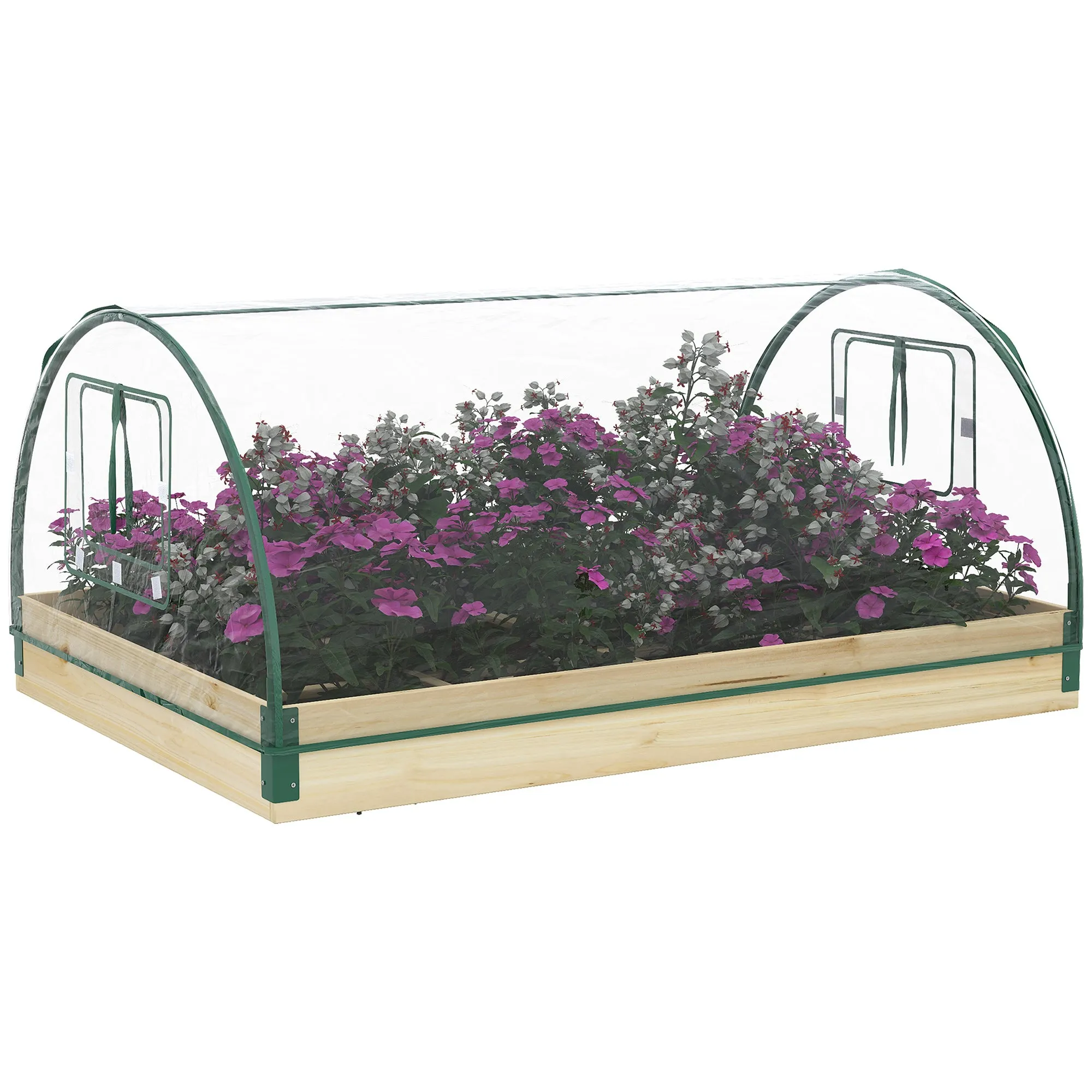 Wooden Raised Bed Natural Wood Effect 115 x 80 x 54 cm with Greenhouse PVC Cover Roll Up Windows