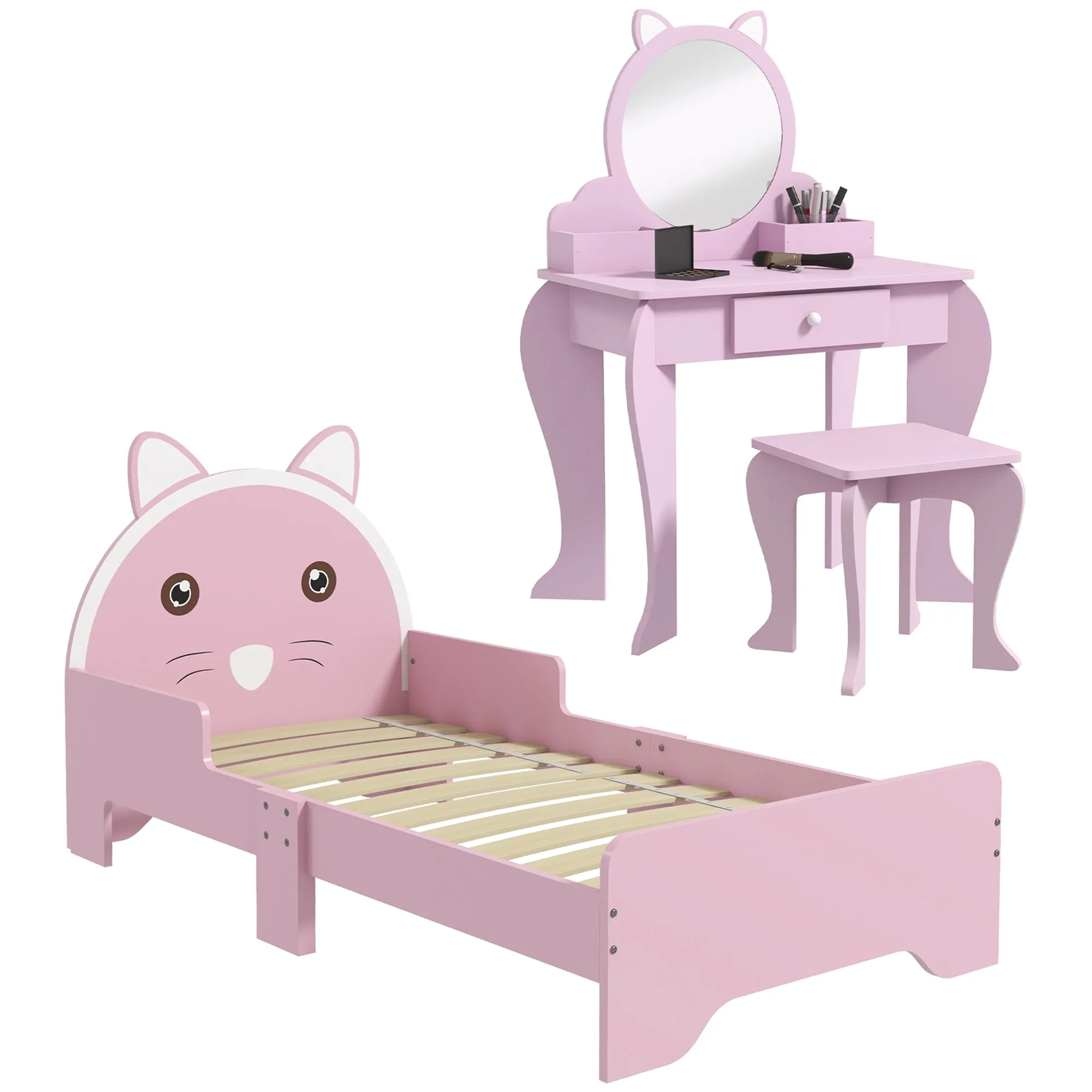 Wooden Kids Bedroom Furniture Set with Kids Dressing Table, Stool, Bed, for 3-6 Years, Cat Design