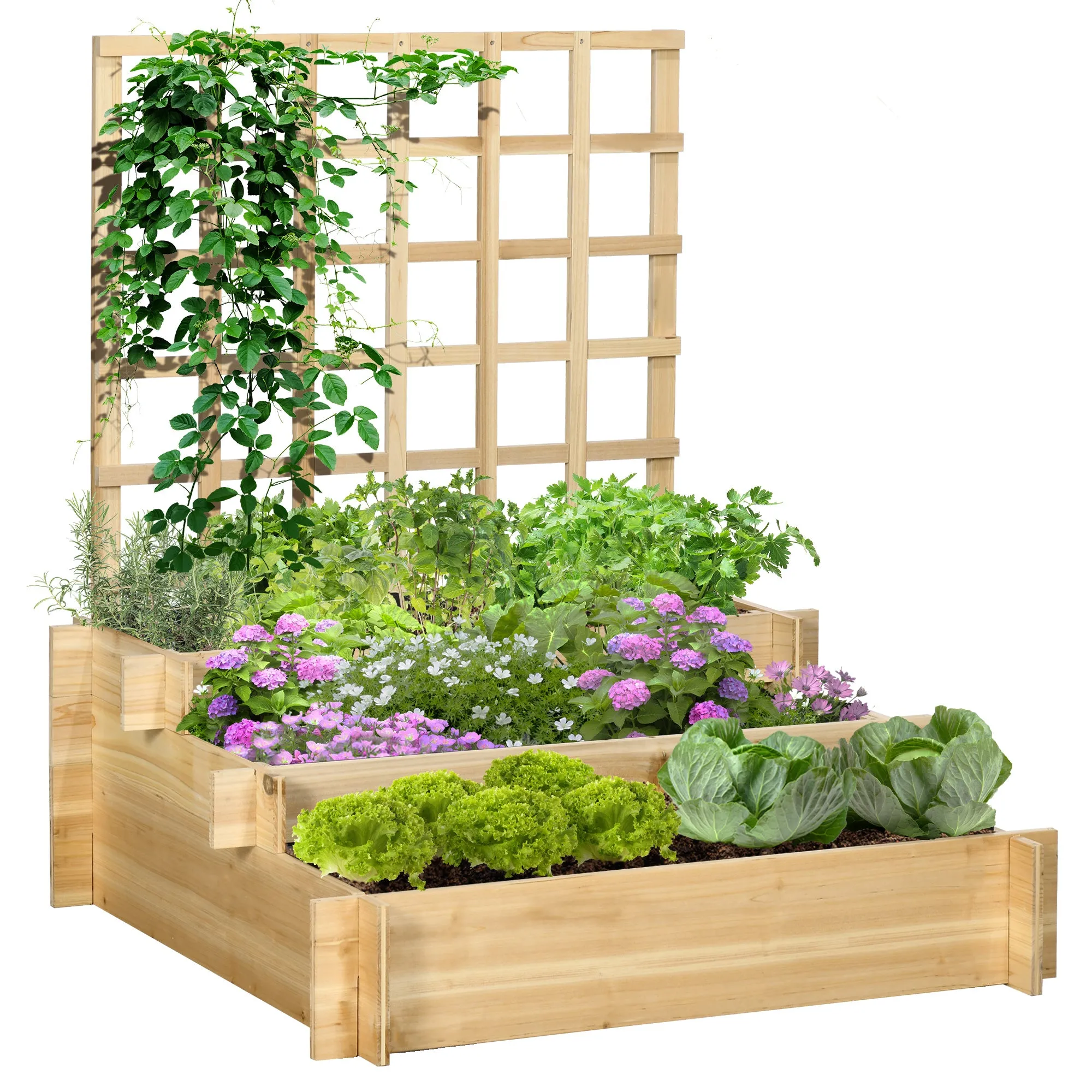 Wooden Raised Beds Natural Tone 95x95x110cm 3 Tier Garden Planters with Trellis for Vine Climbing