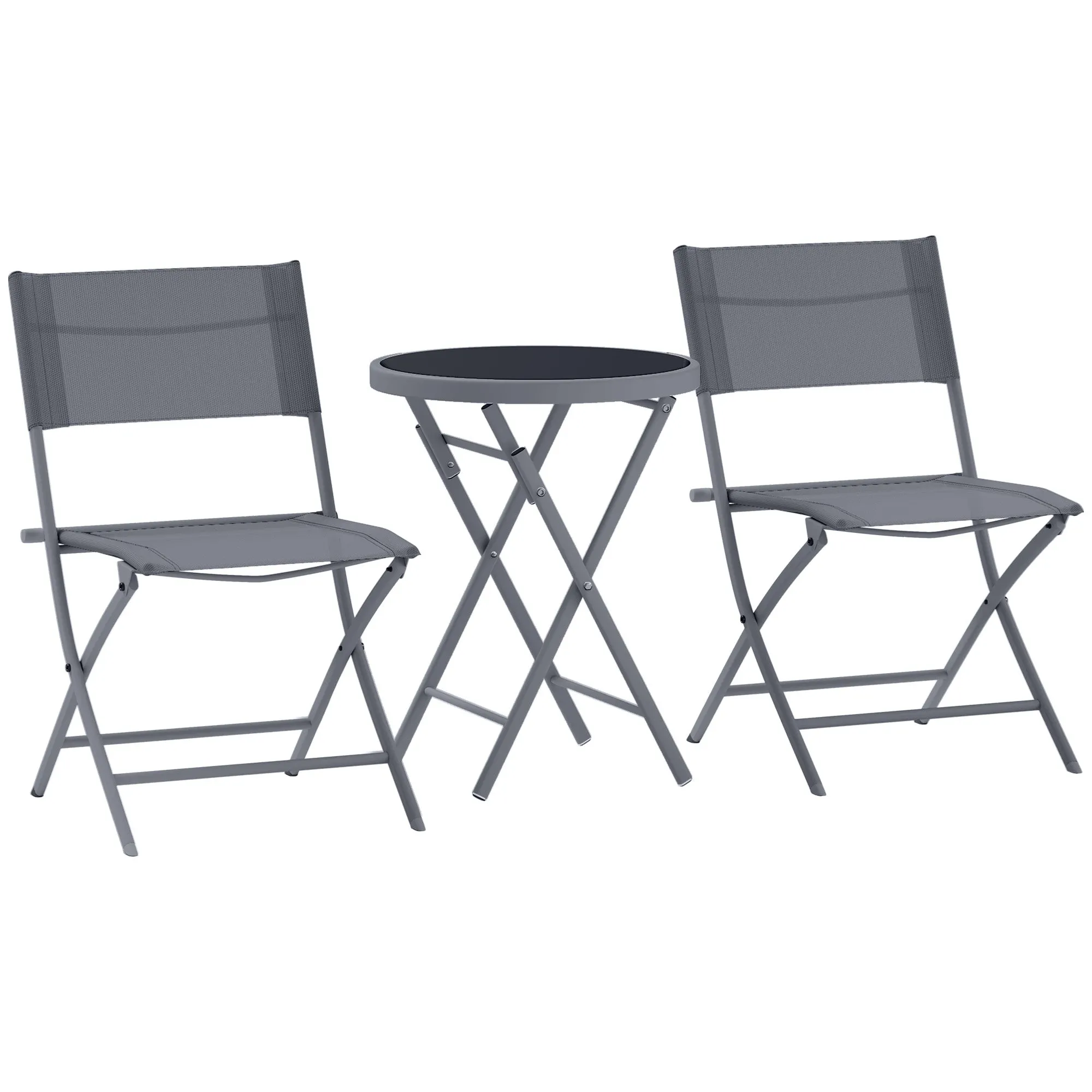 3 Pieces Outdoor Bistro Set Glass Top Outdoor Table 2 Folding Chairs Protecting Feet Grey
