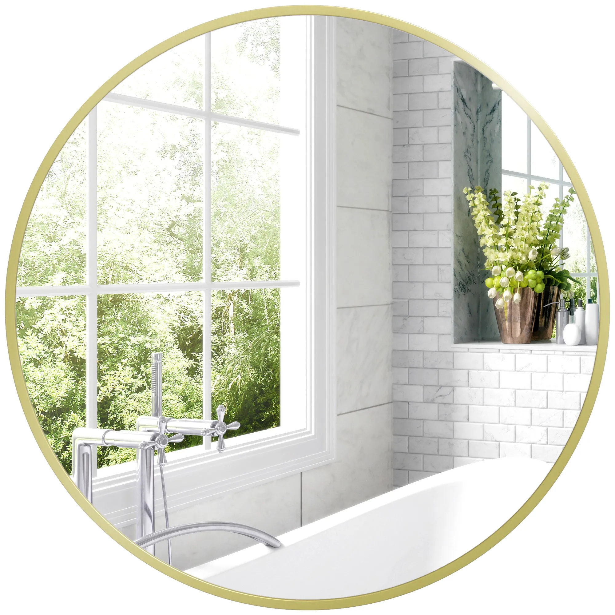 Wall Mounted 70cm Round Aluminium Frame Bathroom Mirror Gold Tone