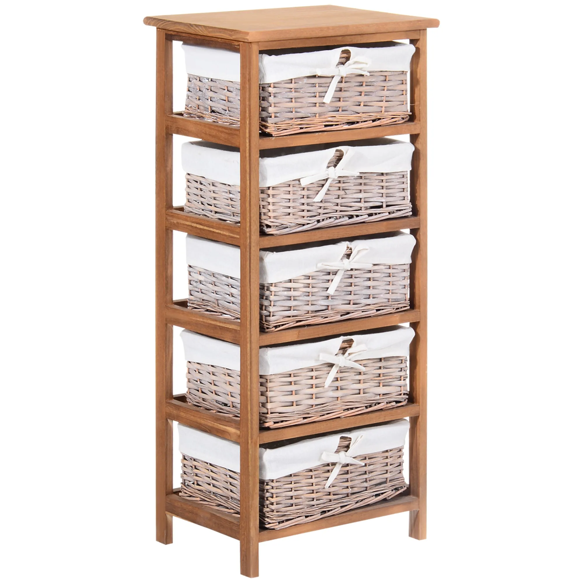 5 Drawer Dresser Natural Finish Wicker Basket Storage Shelf Unit Wooden Frame Home Organisation Cabinet Bedroom Office Furniture