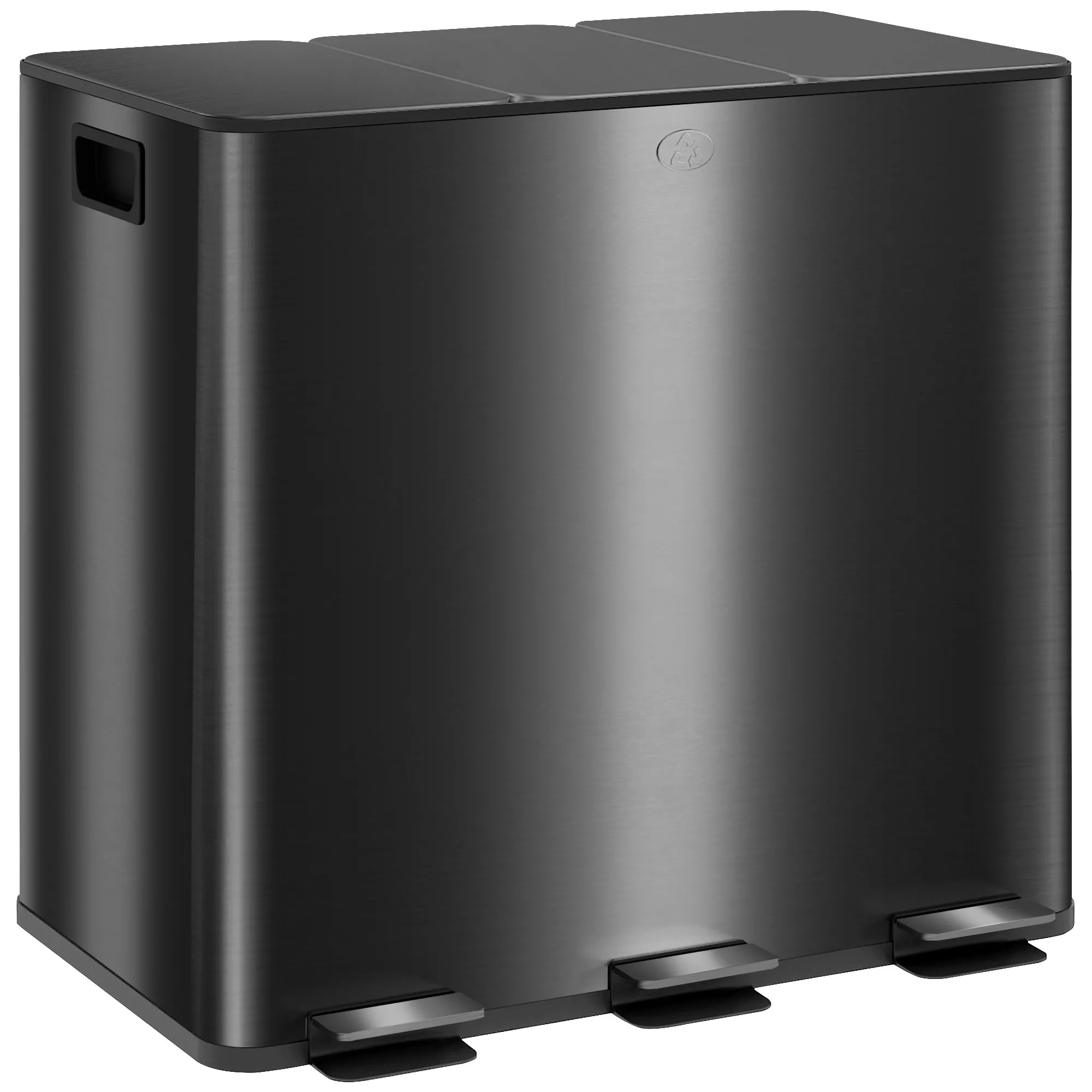 3 x 15L Pedal Bin Black Steel Triple Kitchen Bin with Soft Close Lid, Removable Inner Buckets, Fingerprint-Proof