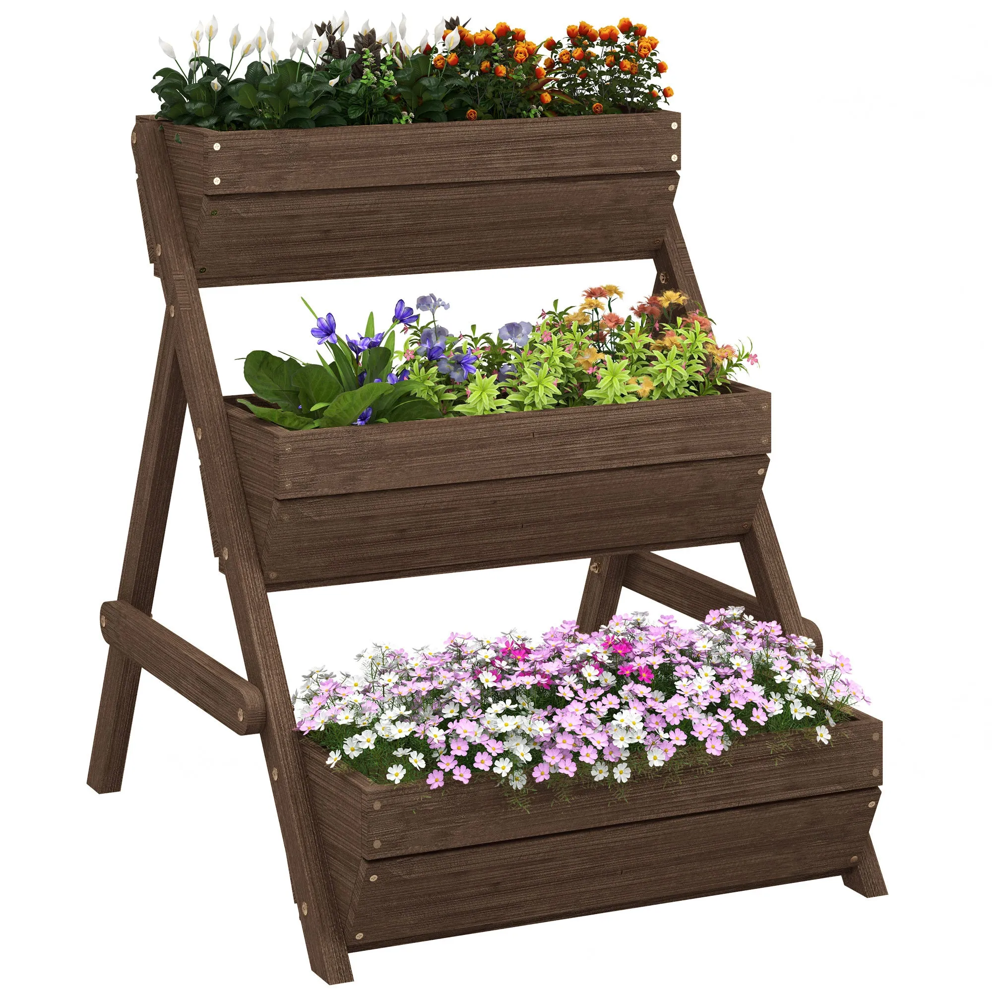 Wooden Raised Garden Bed Tan 66L 65x75x78cm 3 Tier Elevated Planter Box Kit for Flower Vegetable Herb