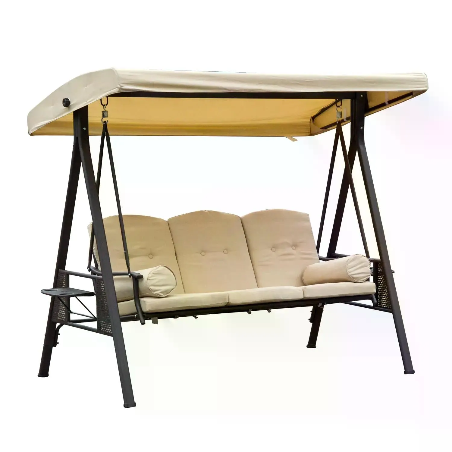 3 Seater Swing Chair Hammock Chair, Steel Outdoor Bench with Canopy, Cushion, Shelter, Beige