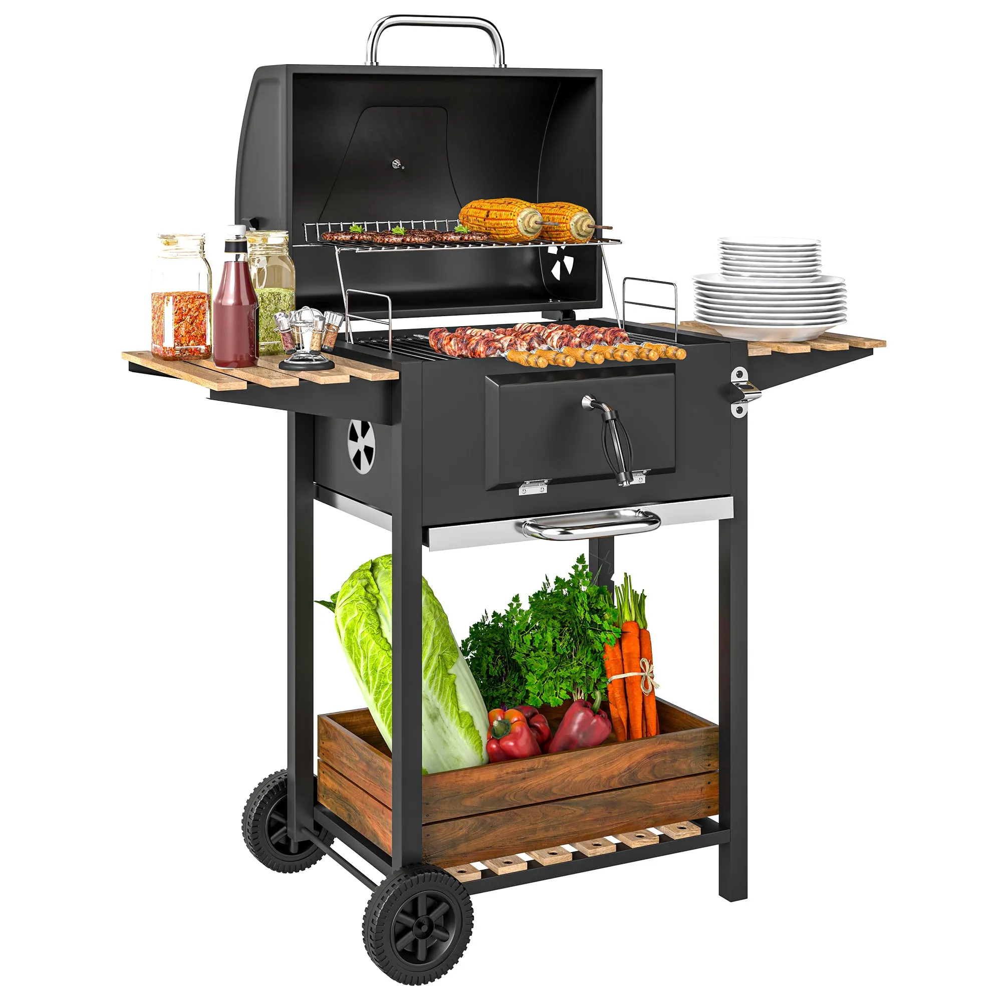 Charcoal BBQ Grill Portable Barbecue Smoker with Height Adjustable Charcoal Pan, Warming Rack, 3 Shelves, Temperature Gauge, Wheels, Bottle Opener for Outdoor Cooking Garden Party