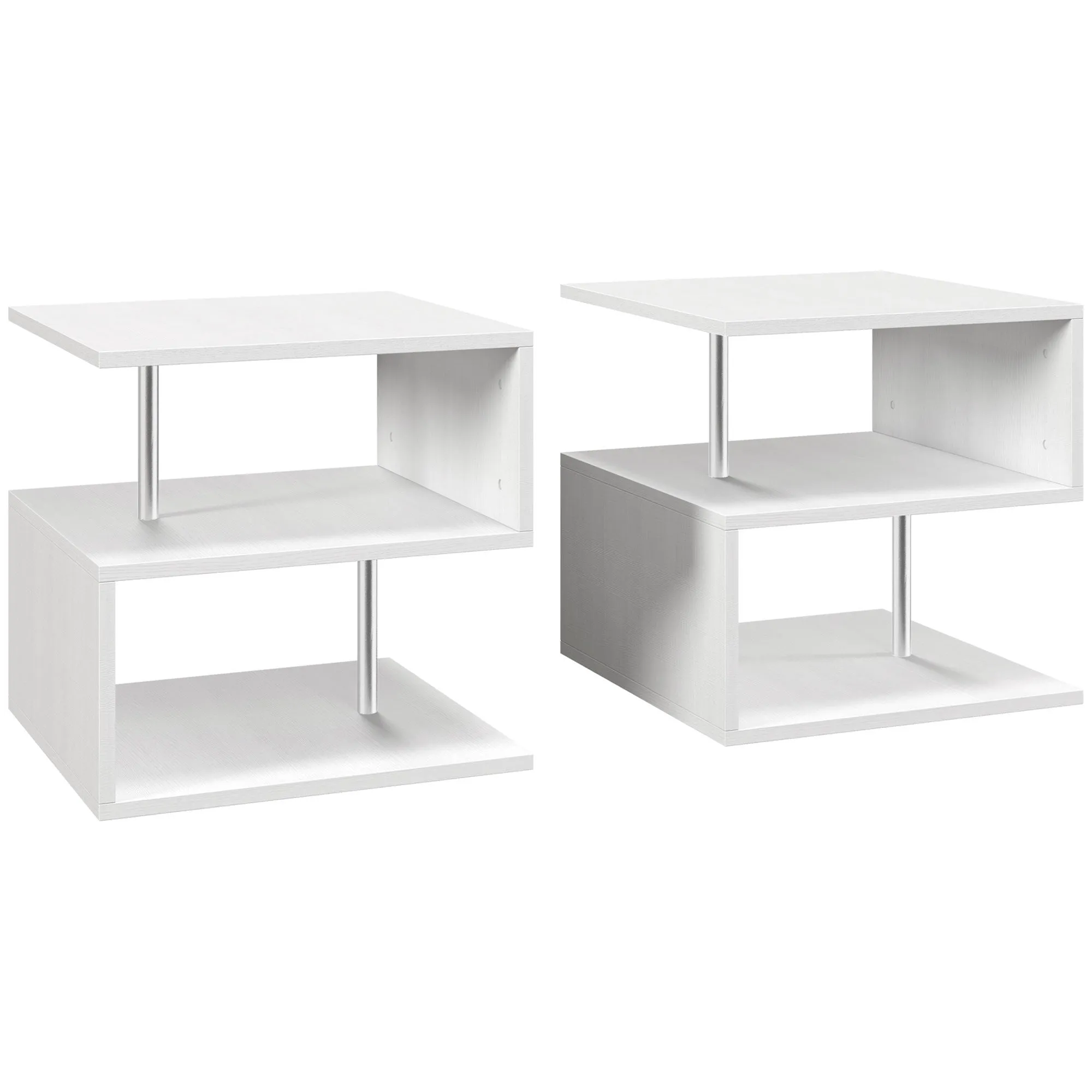 Wooden S Shape Cube Coffee Table 2 Tier Storage Shelves Organiser Office Bookcase Living Room End Desk Stand Display Set of 2, White