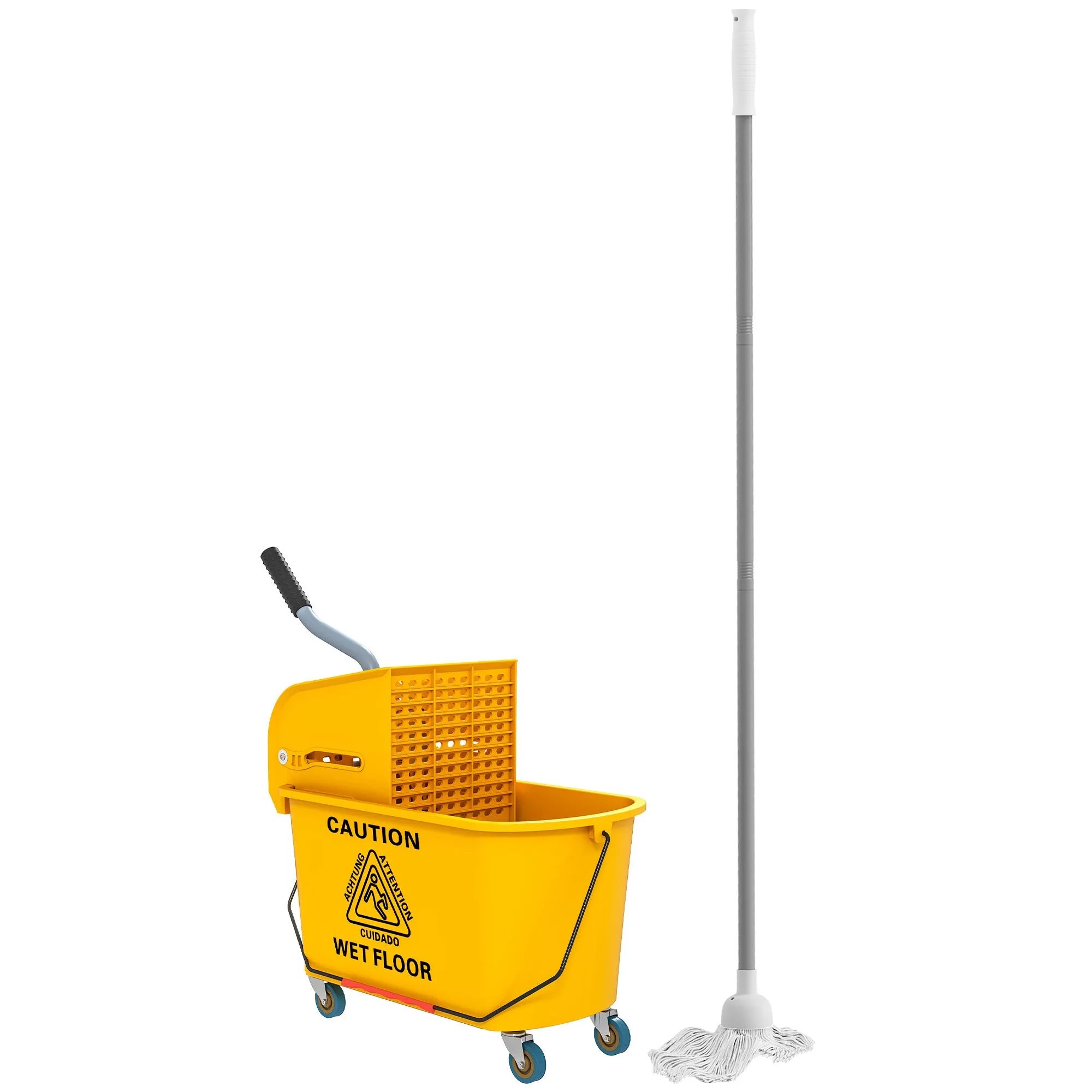 20 Litre Mop Bucket Set Yellow with Side Press Wringer, Handle and Mop on Wheels for Floor Cleaning