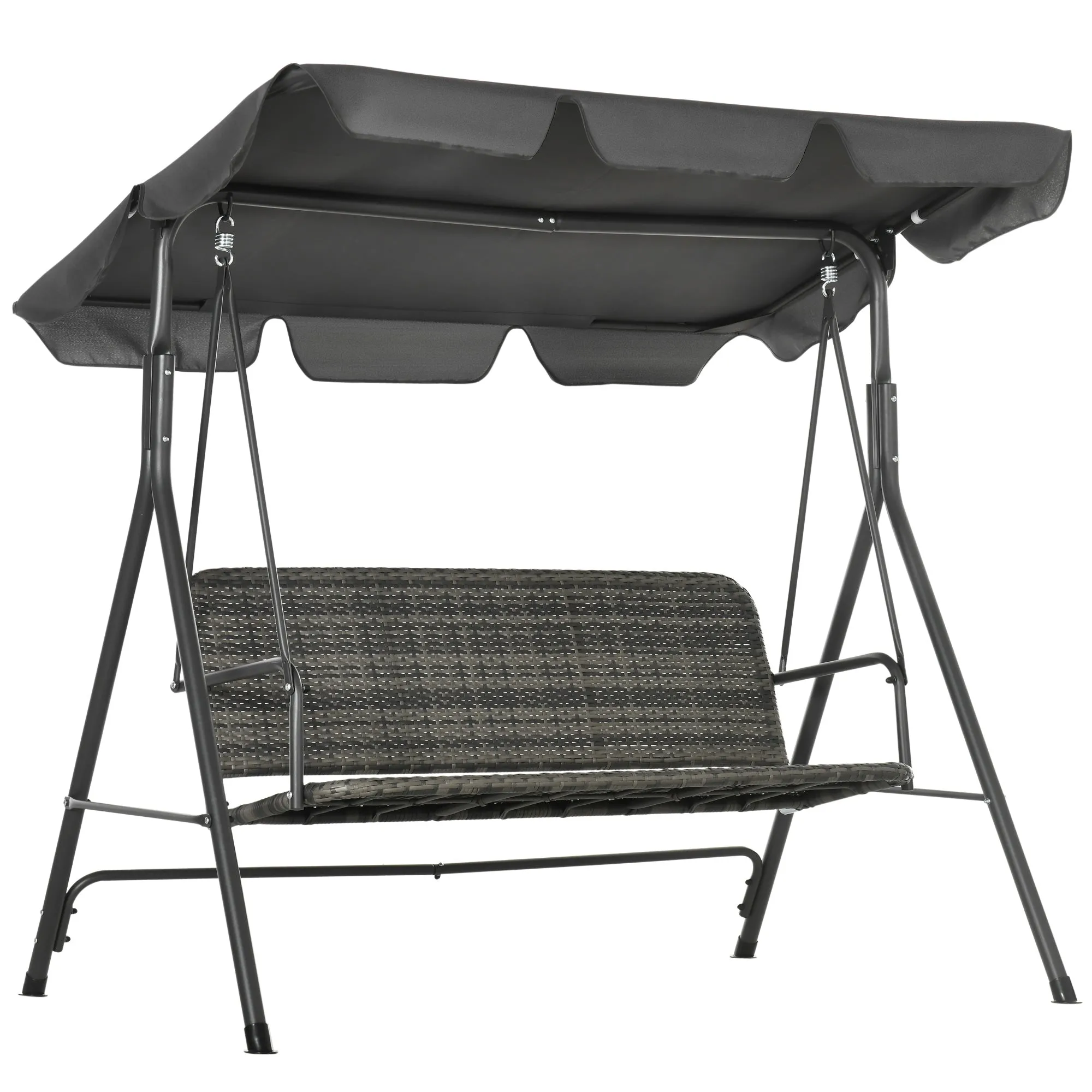 3-Seater Outdoor PE Rattan Swing Chair, Grey Patio Wicker Hanging Swing Bench with Steel Frame Stand & Adjustable Canopy