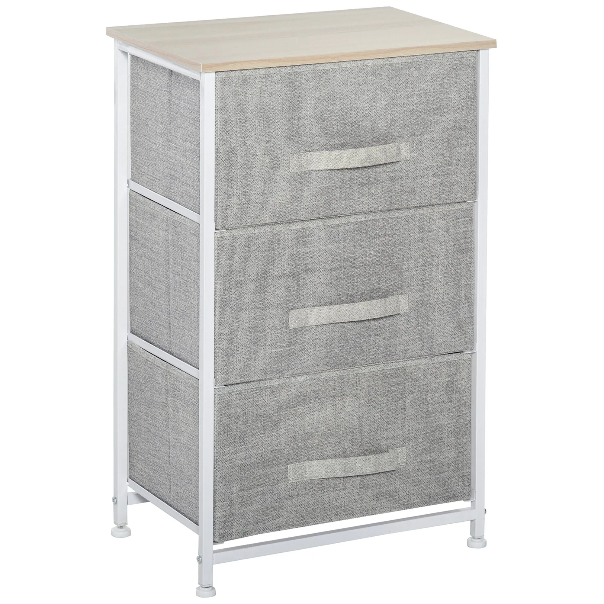 Vertical 3-Tier Linen Drawer Cabinet Organizer Storage Dresser Tower White, Oak and Light Grey with Metal Frame Adjustable Feet for Living Room, Bathroom, Kitchen