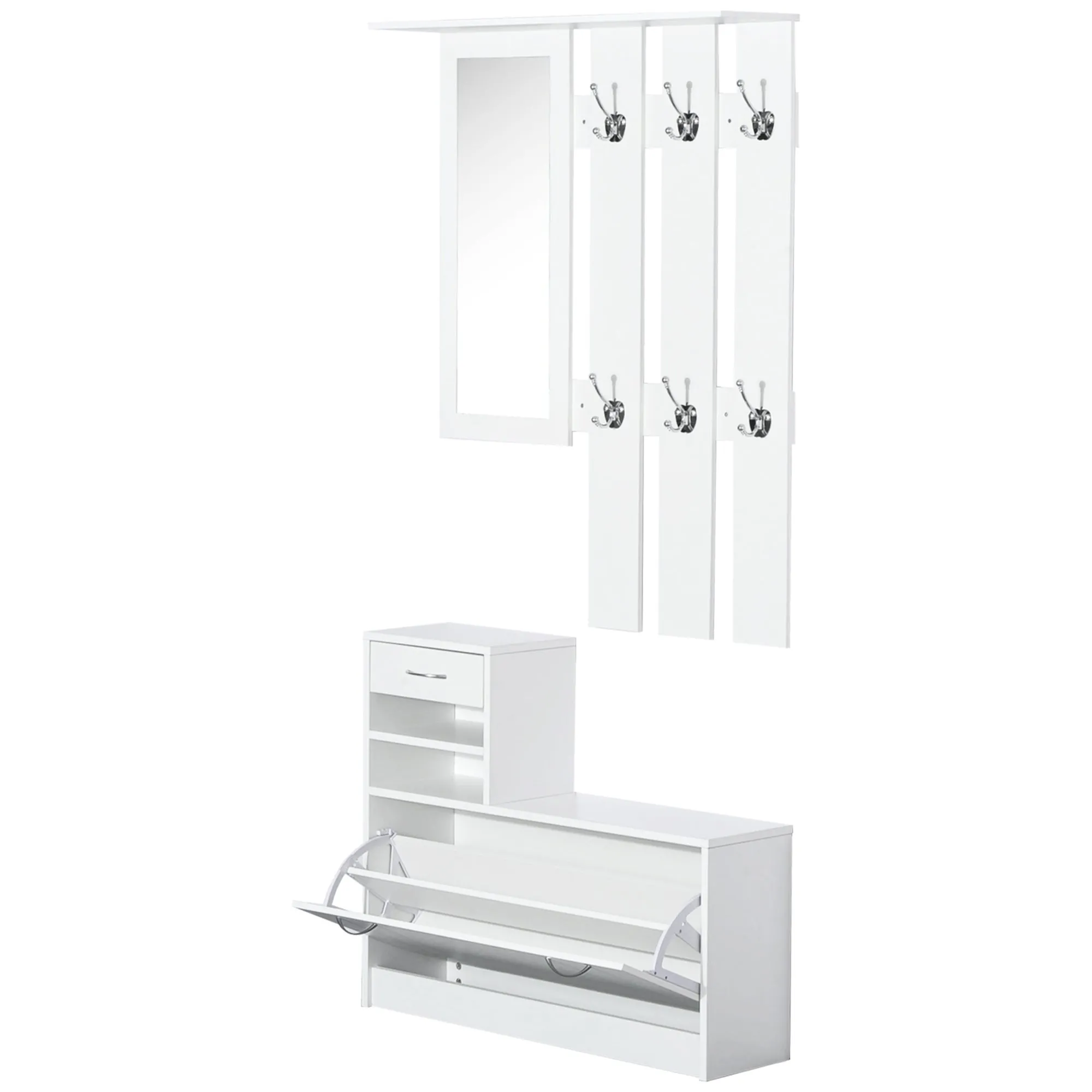 2PC Shoes Cabinet Cloths Rack Unit White Mirror Multiple Shelves 6 Hooks Large Storage Capacity Shoes Storage Chest