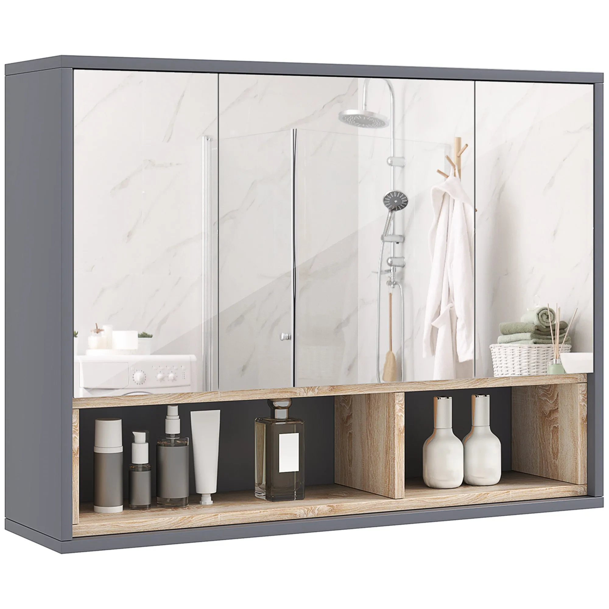 Wall Mounted Grey Bathroom Mirror Cabinet with Mirror 3 Doors Cupboards