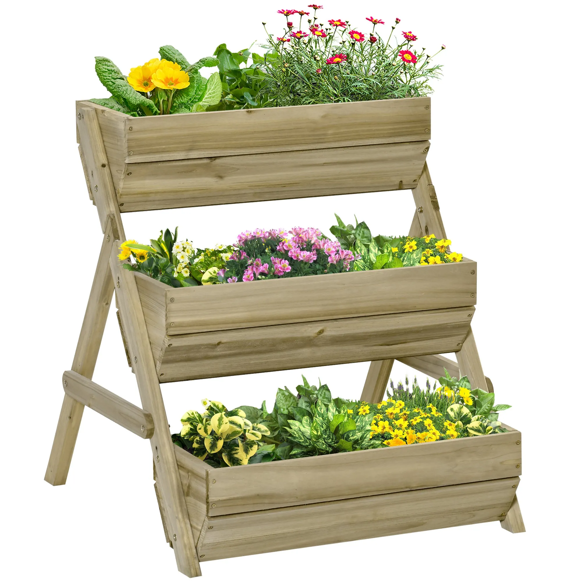 Wooden Raised Garden Bed Green 66L 65x75x78cm 3 Tier Elevated Planter Box Kit for Flower Vegetable