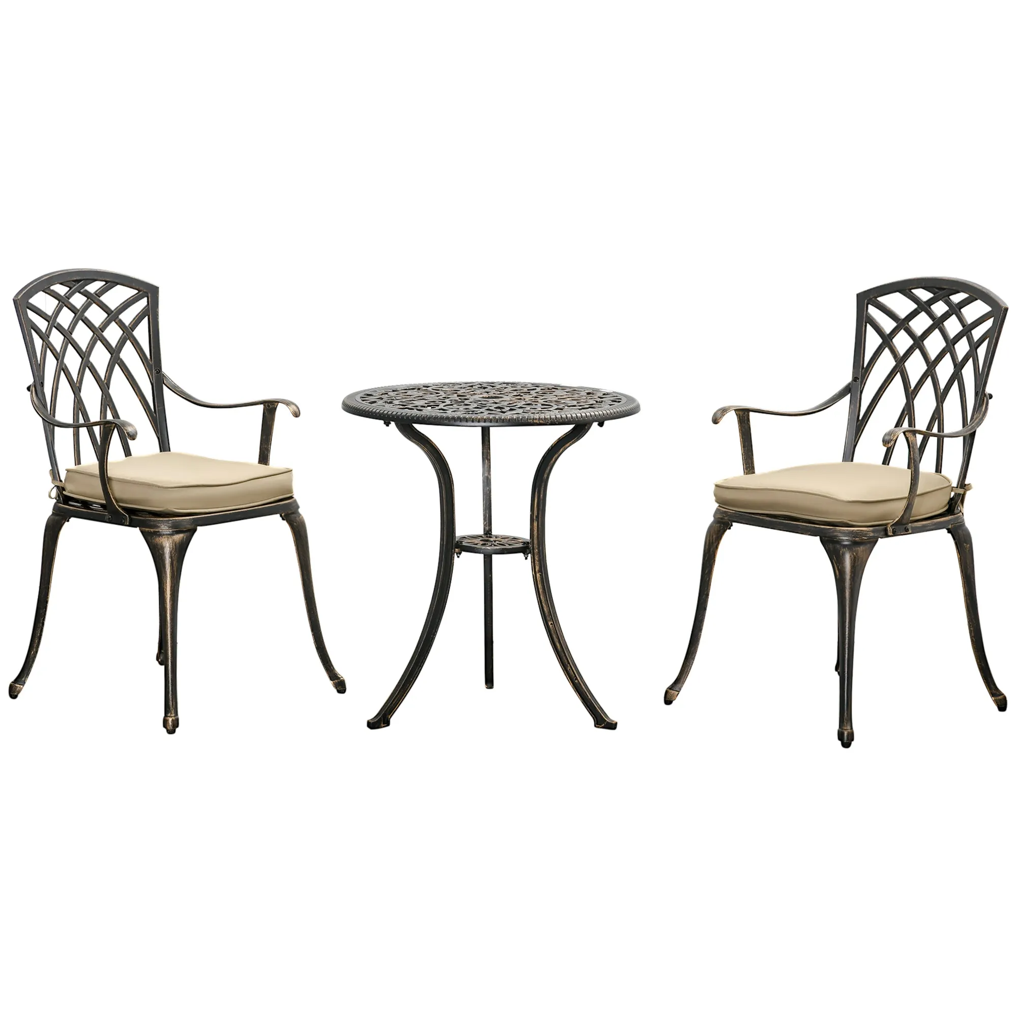 3pc Cast Aluminium Garden Bistro Set for 2 with Parasol Hole Rust Resistant with Cushions Bronze
