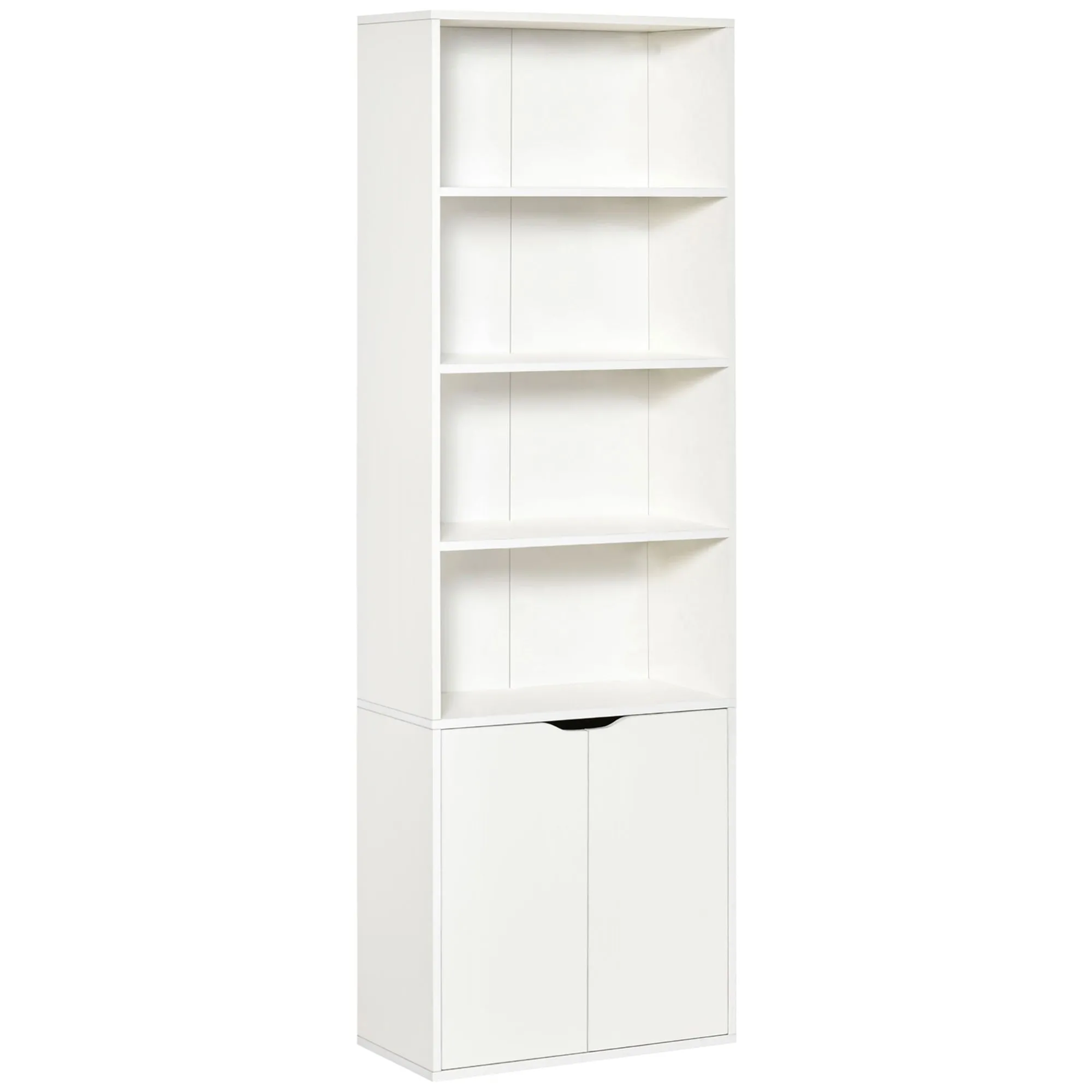 6 Tier Tall Bookcase White with 4 Open Shelves Double Door Storage Cabinet 59x29x180cm Freestanding Display Rack for Living Room Bedroom Home Office Study