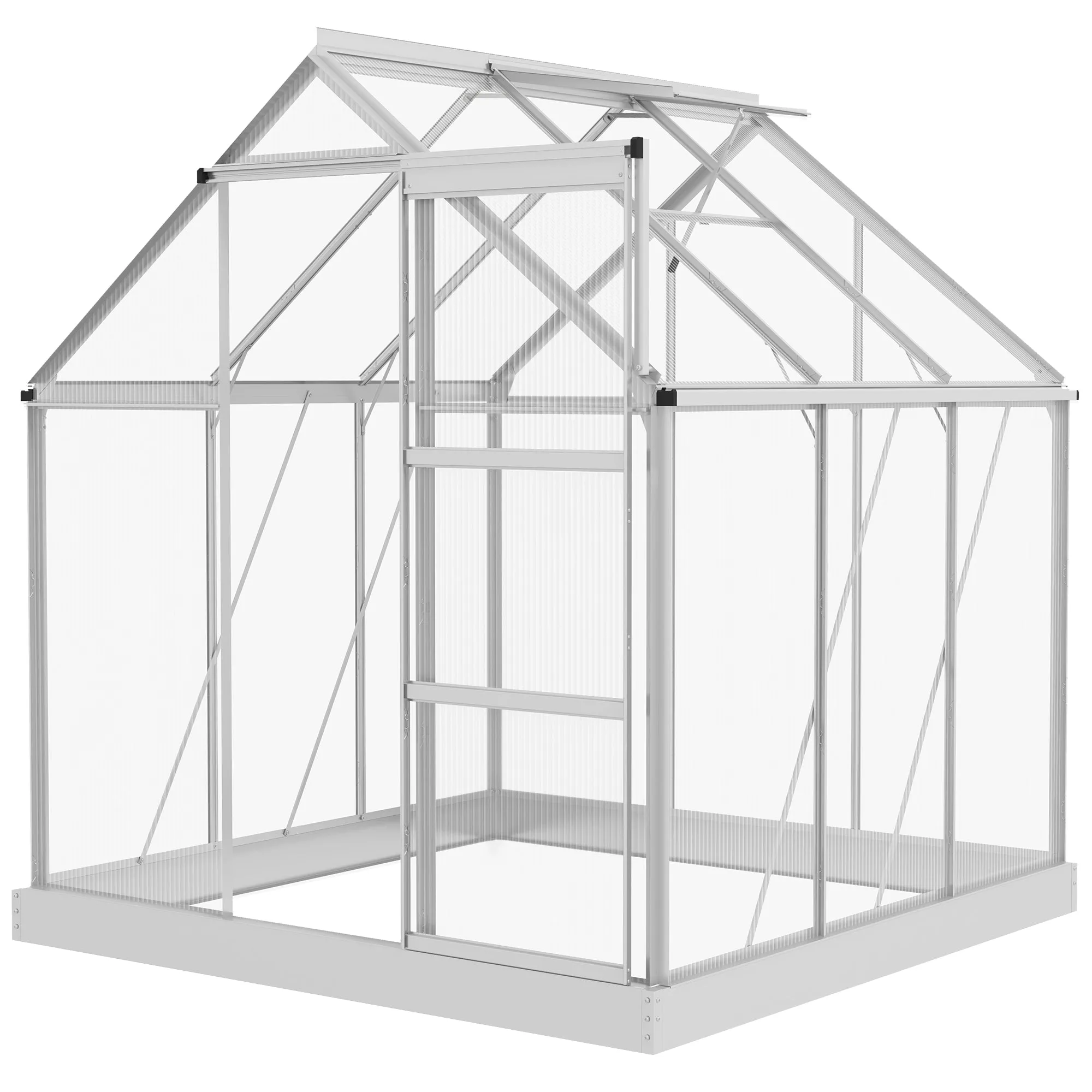 Walk-In Polycarbonate Greenhouse 6 x 6ft Silver with Sliding Door Window Aluminium Frame Foundation Garden Plants Grow House