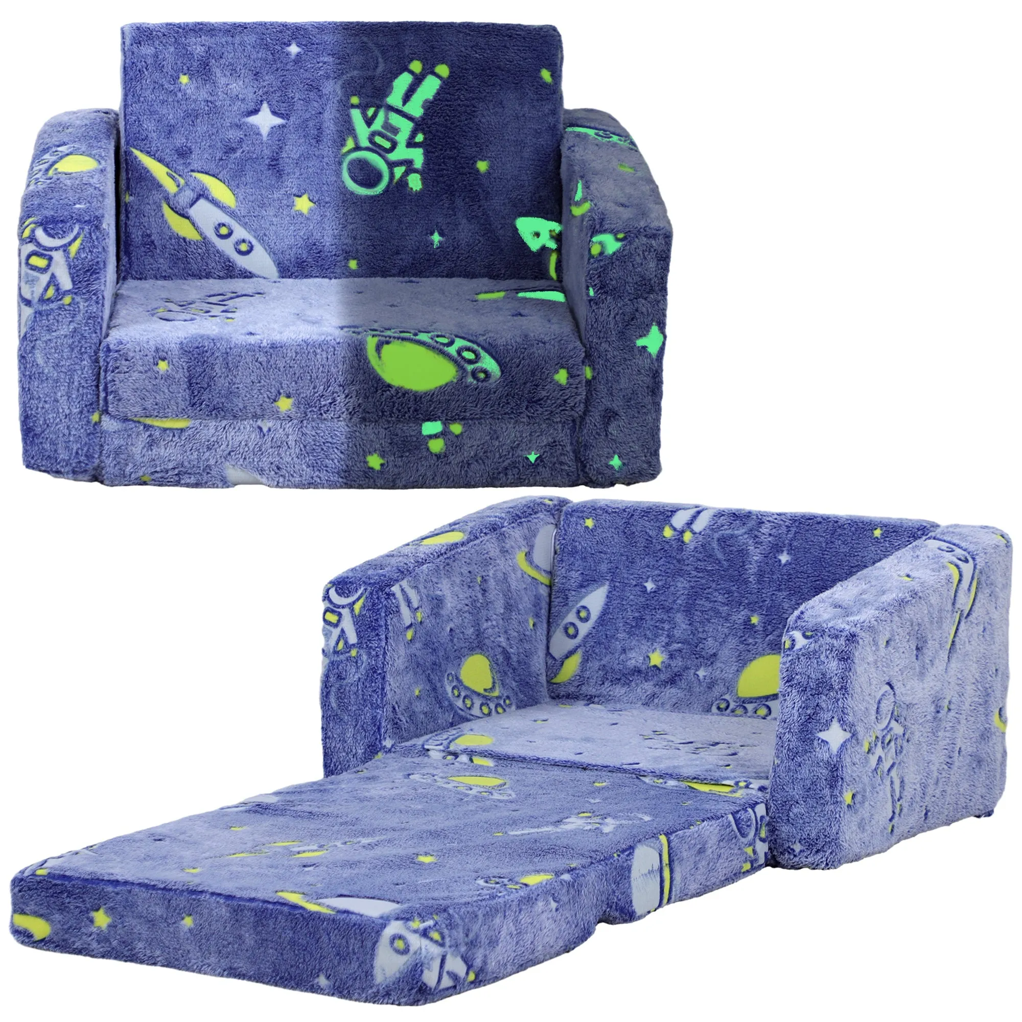 2 in 1 Kids Folding Bed Armchair with Glow in The Dark Cosmic Design, Washable Cushion and Cover, Blue