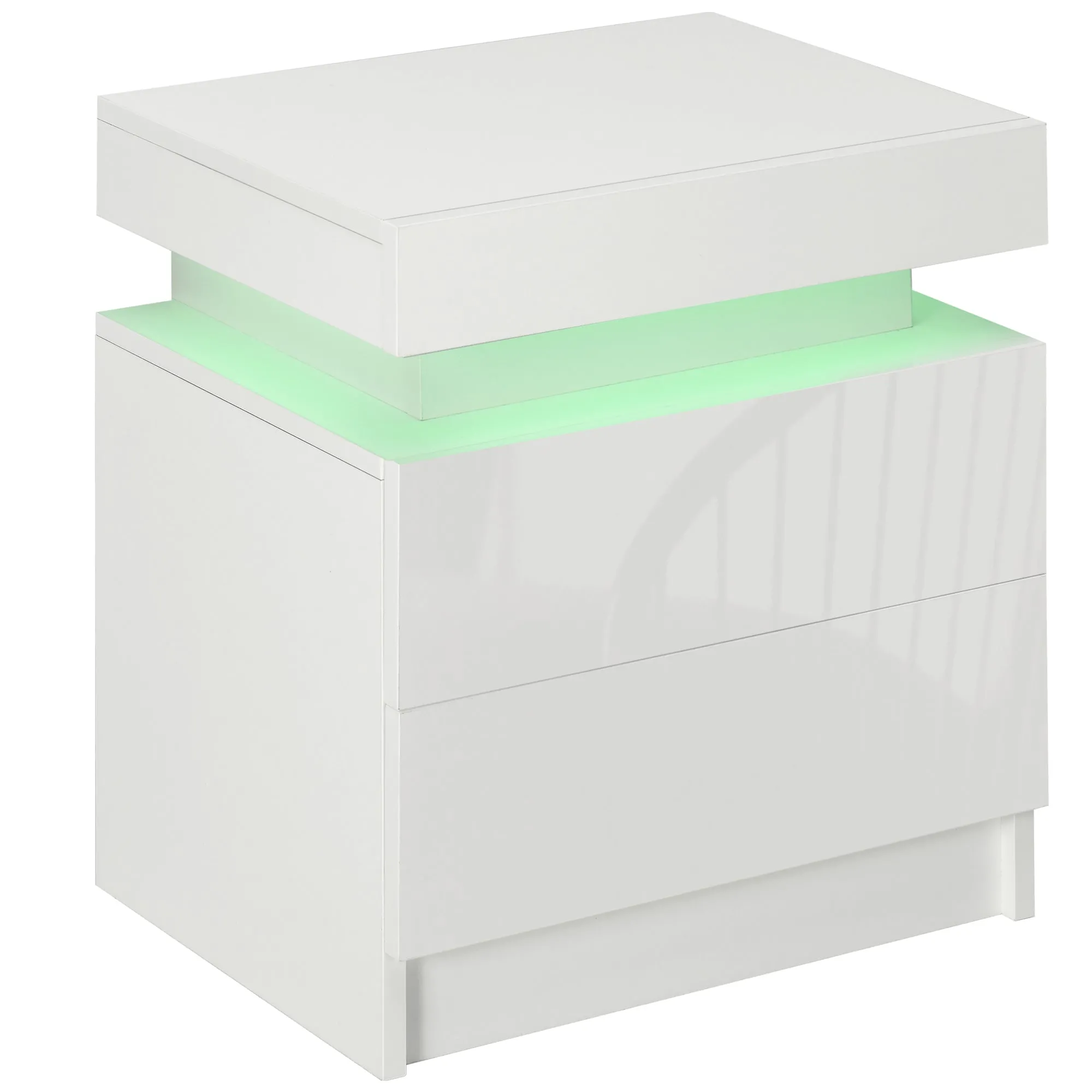 White Bedside Table LED Light High Gloss Front 2 Drawers Nightstand for Living Room Bedroom