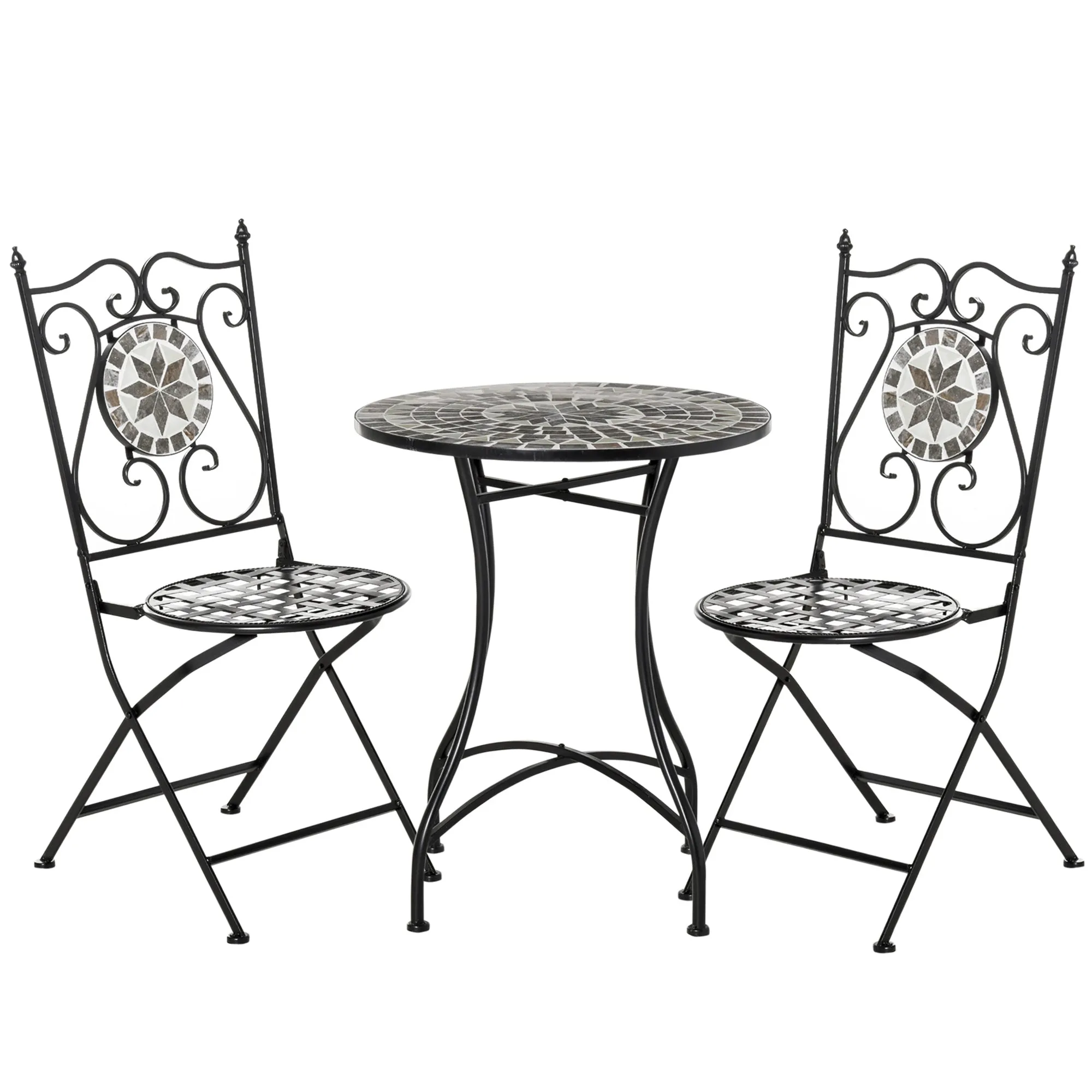 3 Pcs Mosaic Tile Garden Bistro Set Outdoor Seating with Table 2 Folding Chairs Metal Frame
