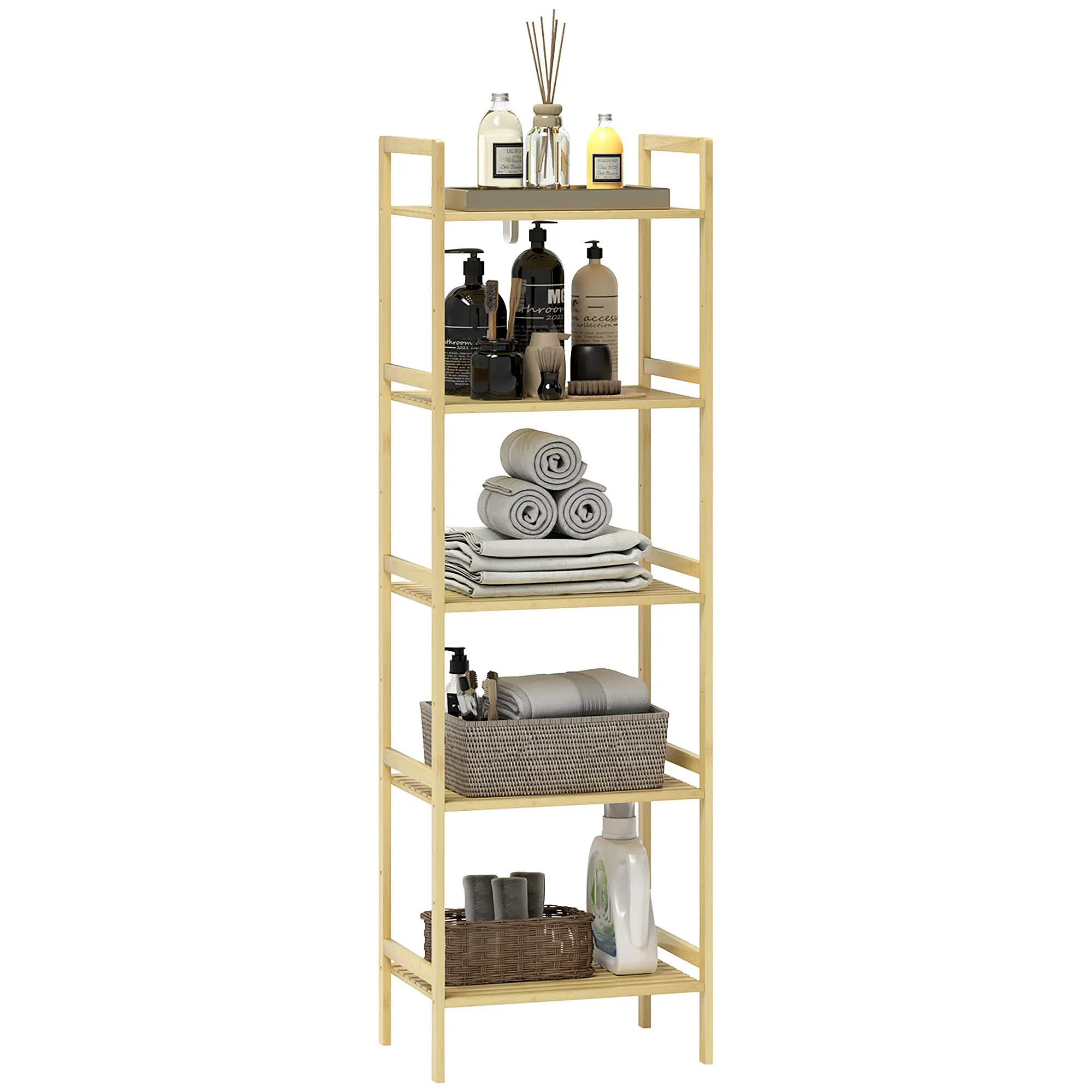 5-Tier Freestanding Bamboo Bathroom Storage Shelf Unit with Adjustable Rack Natural Wood