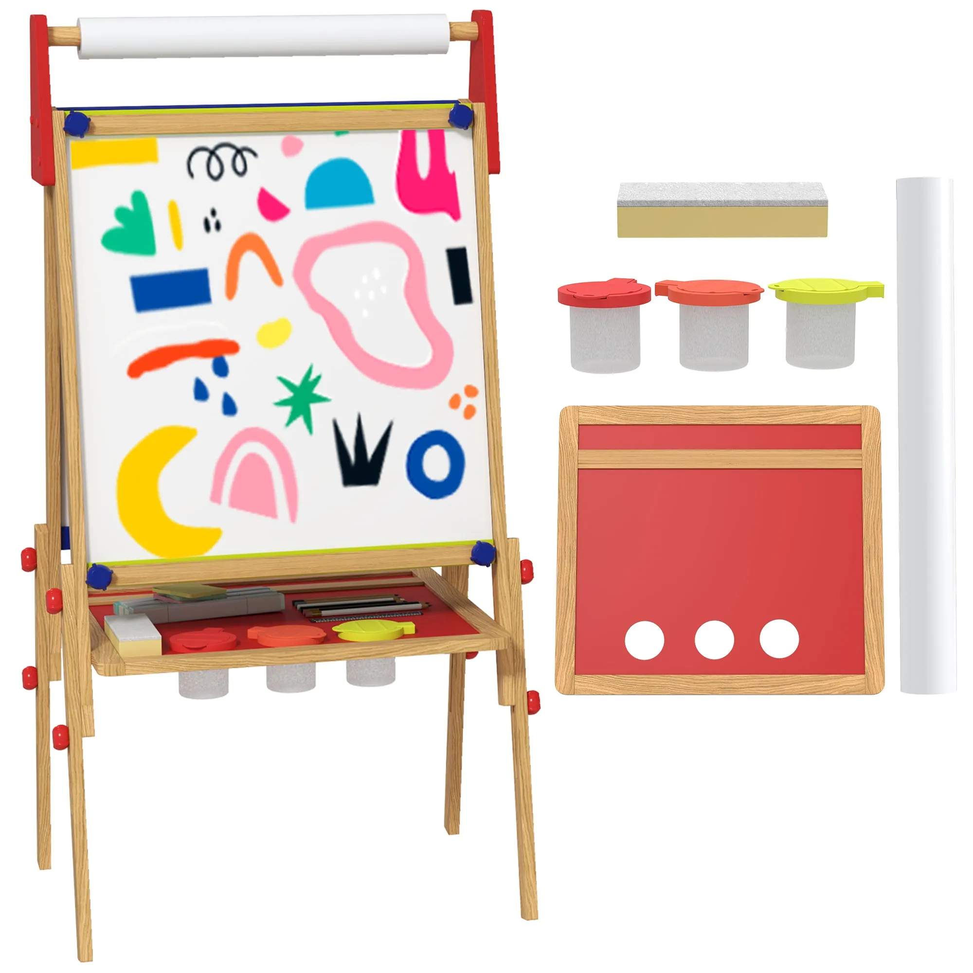 3 in 1 Wooden Kids Easel with Paper Roll, Whiteboard, Chalkboard, Painting Accessories