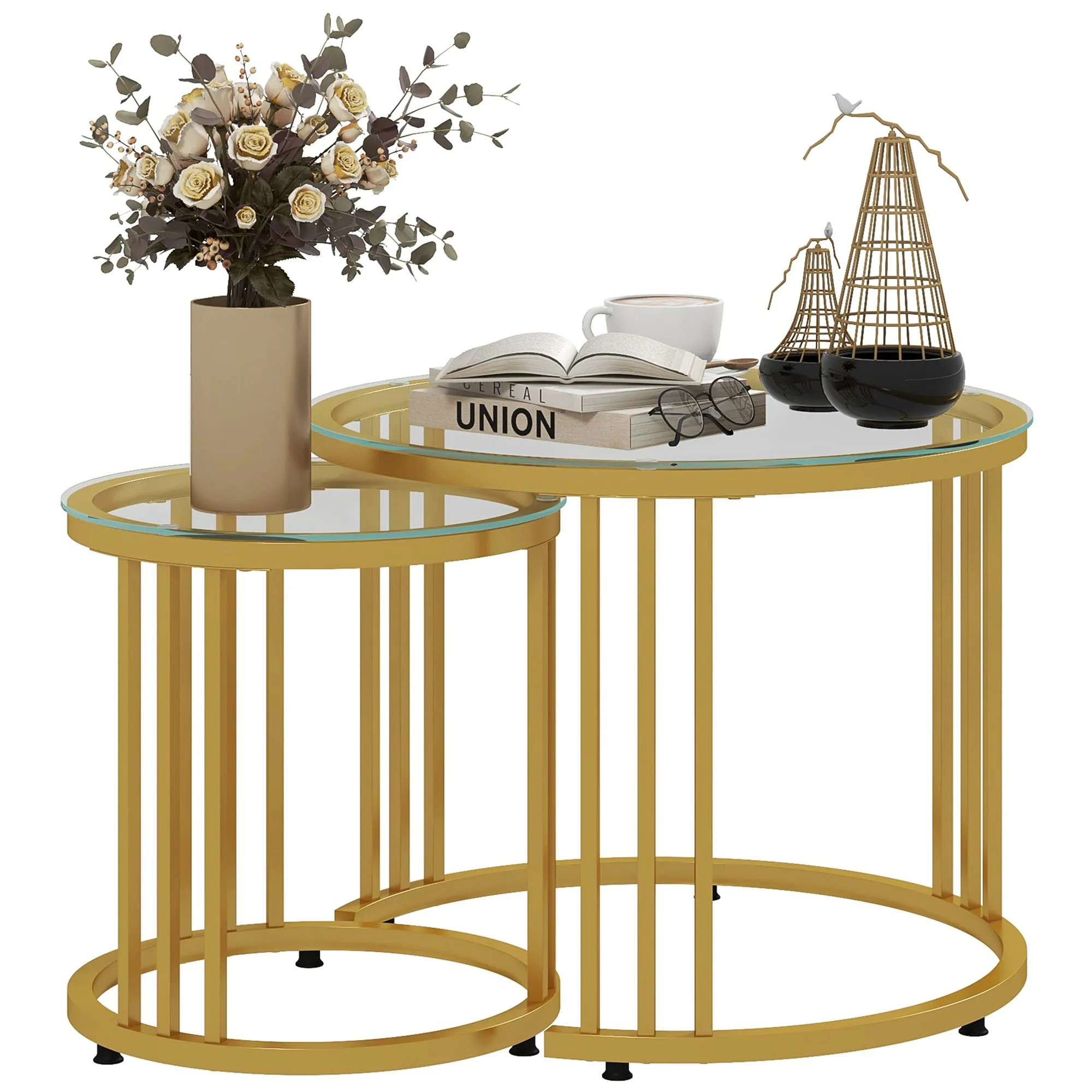 60cm x 60cm x 47cm Round Coffee Tables Set of 2 Gold Tone Nesting Tables with Tempered Glass Top and Steel Frame