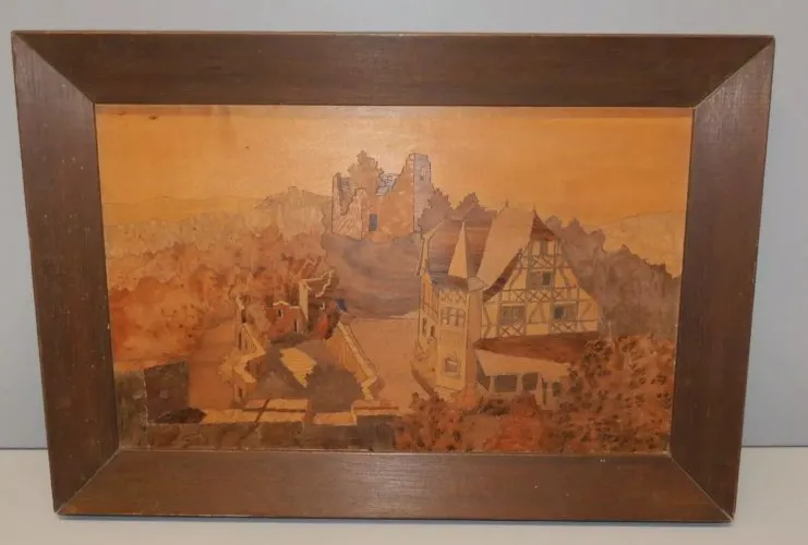 -ANCIEN CADRE MARQUETERIE de BOIS signé L STRAUB MAISON à COLOMBAGE ALSACE