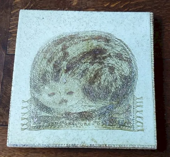 Ancien Carreau Chat Céramique Vintage Vallauris France Jacqueline Hubin