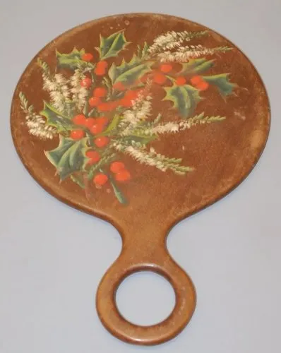 -ANCIEN MIROIR A MAIN BOIS à décor Peint de HOUX et FLEURS BLANCHES déco  D