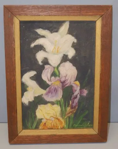 -ANCIEN TABLEAU HUILE SUR PANNEAU BOIS signé Maurice LELEU Fleurs IRIS déco  D