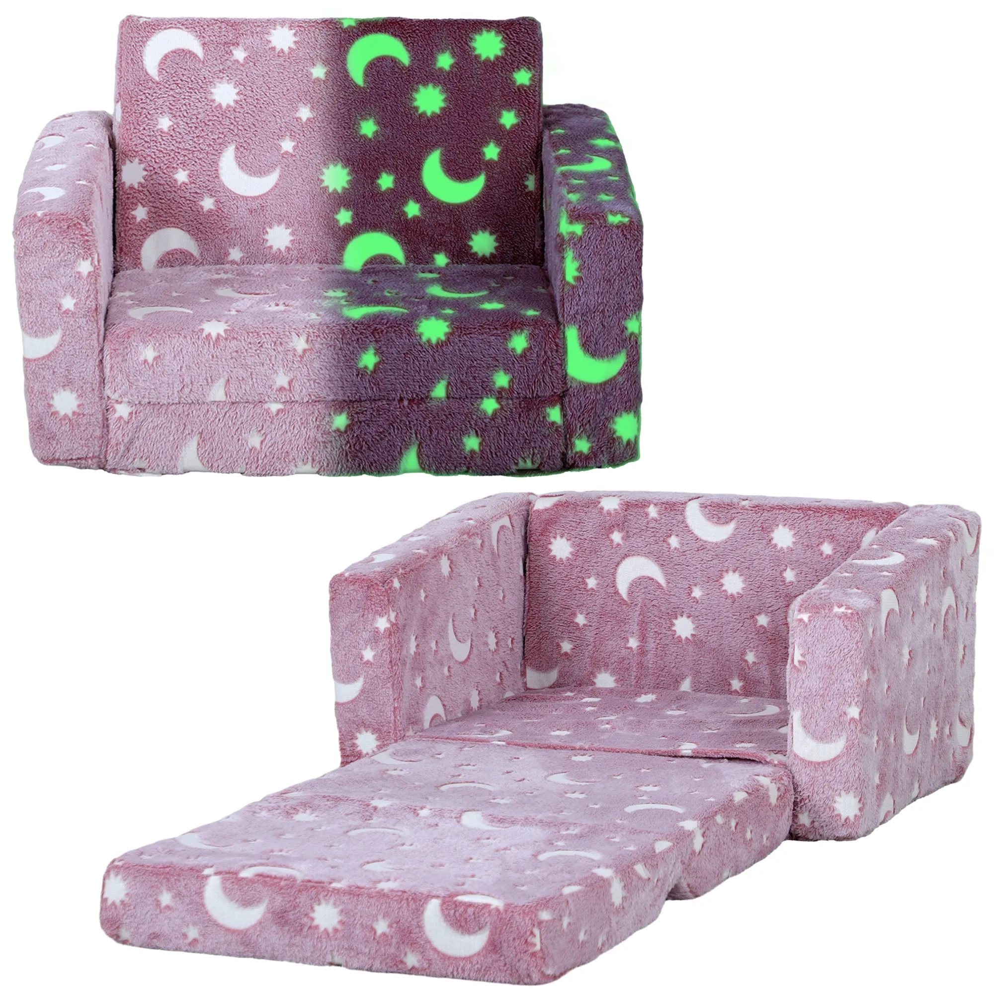 2 in 1 Kids Folding Bed Armchair with Glow in The Dark Cosmic Design, Washable Cushion and Cover, Pink