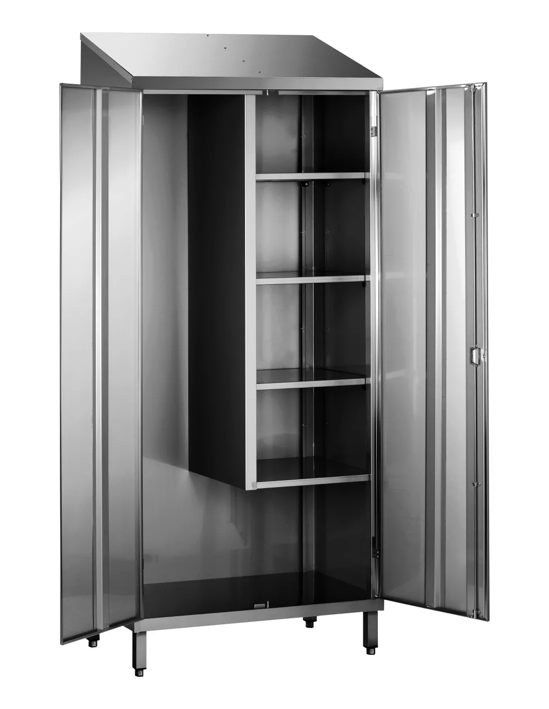 ARMOIRE BALAIS INOX 2 PORTES DOUBLEES 1 COTE 3 ETAGERES REGLABLES + 1 FIXE 1 COTE BALAIS SERRURE A CLES TOIT PLAT L (en mm) : 1