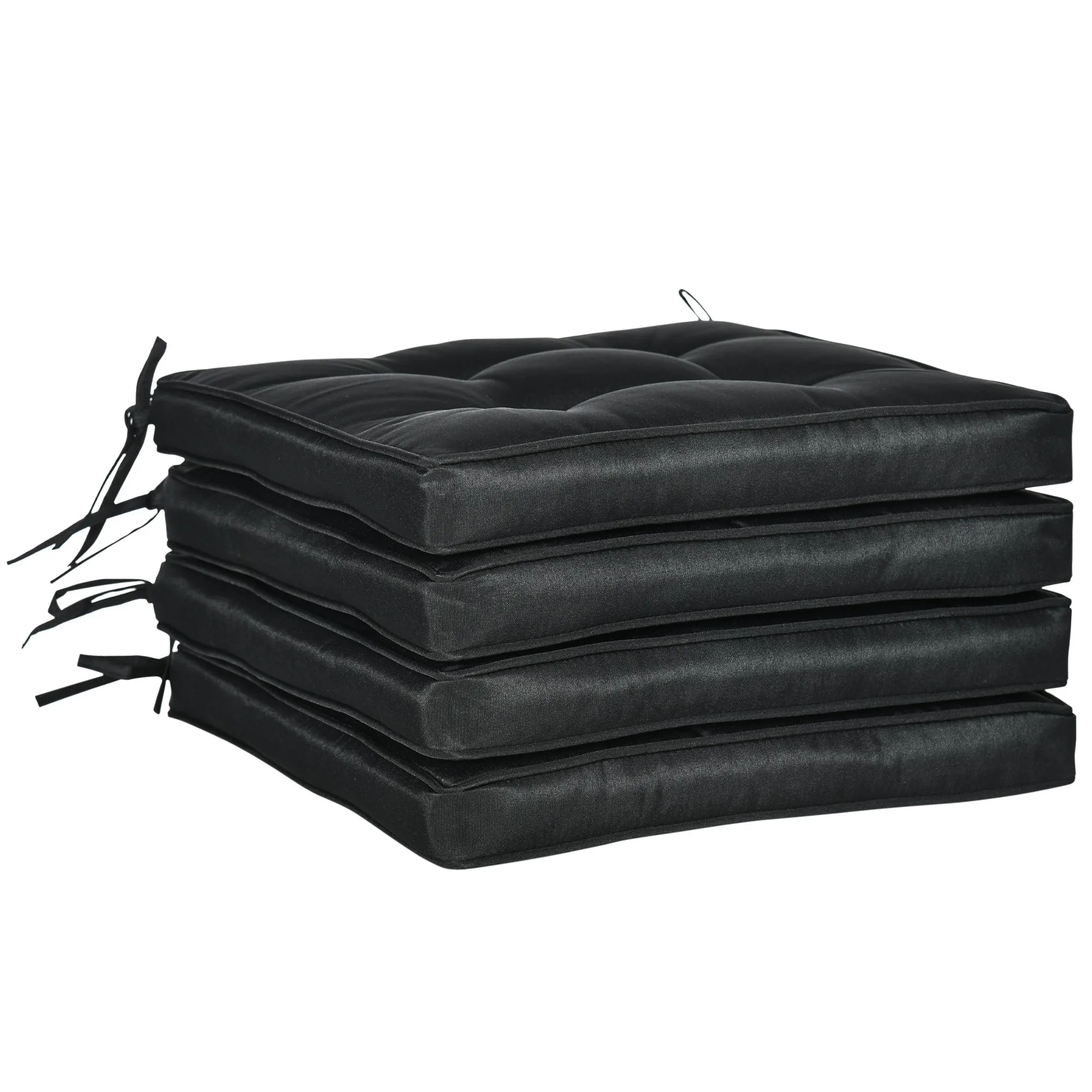 42 x 42cm Set of 4 Garden Seat Cushion Black with Ties Replacement Dining Chair Seat Pad