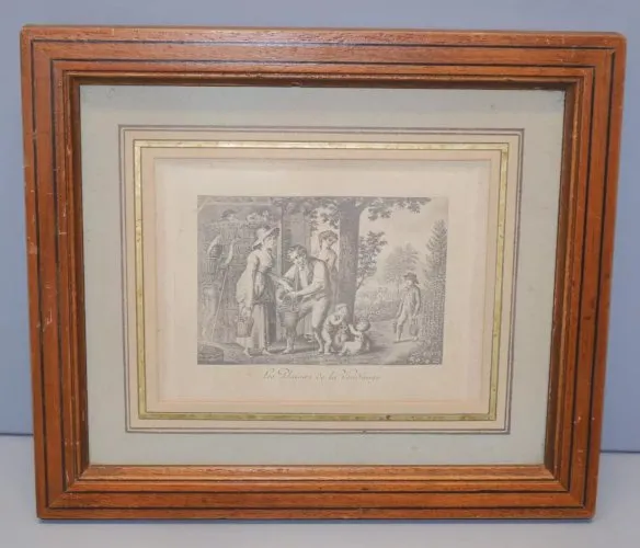 -BELLE ANCIENNE GRAVURE CADRE BOIS XIXe SOUS VERRE LE PLAISIR des VENDANGES  D