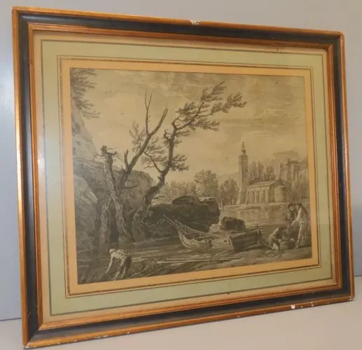 -BELLE ANCIENNE GRAVURE CADRE BOIS XIXe SOUS VERRE SCENE au Bord de leau  D