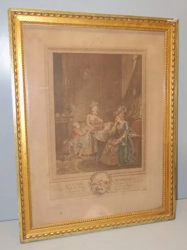 -BELLE ANCIENNE GRAVURE XVIIIe LA CAGE SYMBOLIQUE sous Verre cadre doré  D