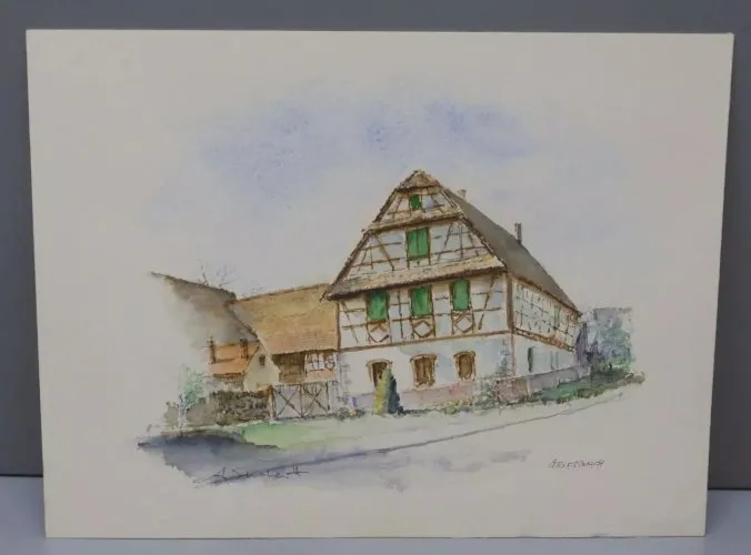 -BELLE AQUARELLE SUR PAPIER Signée GRIESBACH Maison à COLOMBAGES déco  D