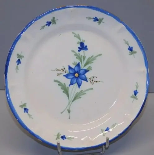 -BELLE ASSIETTE CERAMIQUE XIXe 1 FLEUR BLEUE au CENTRE & sur LAILE COLLECTION D