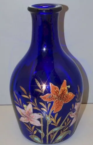 -BELLE CARAFE BOUTEILLE VASE VERRE BLEU COBALT FLEURS EMAILLEES Colorées déco D
