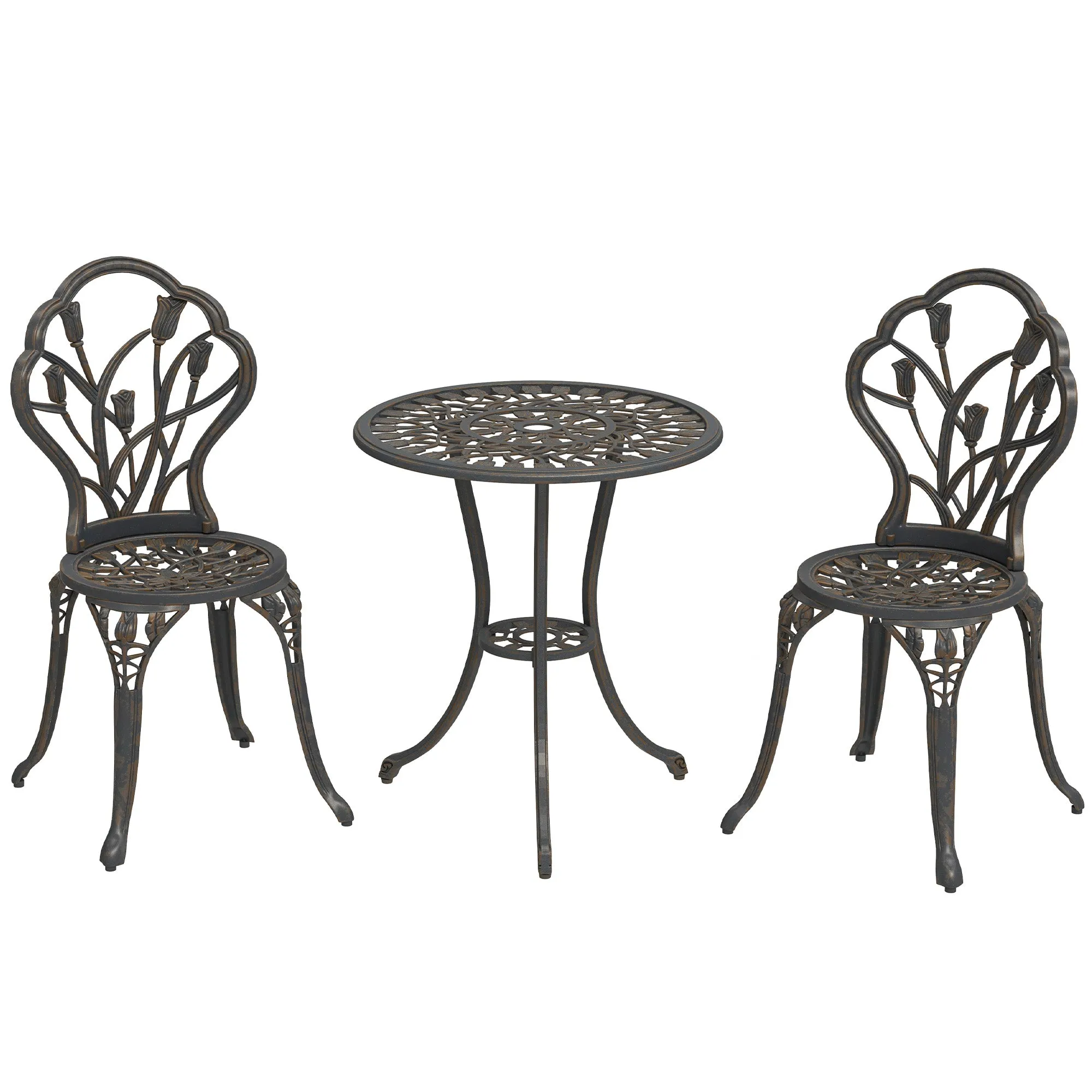 3 Piece Aluminium Patio Bistro Set for 2 with Umbrella Hole Bronze Tone