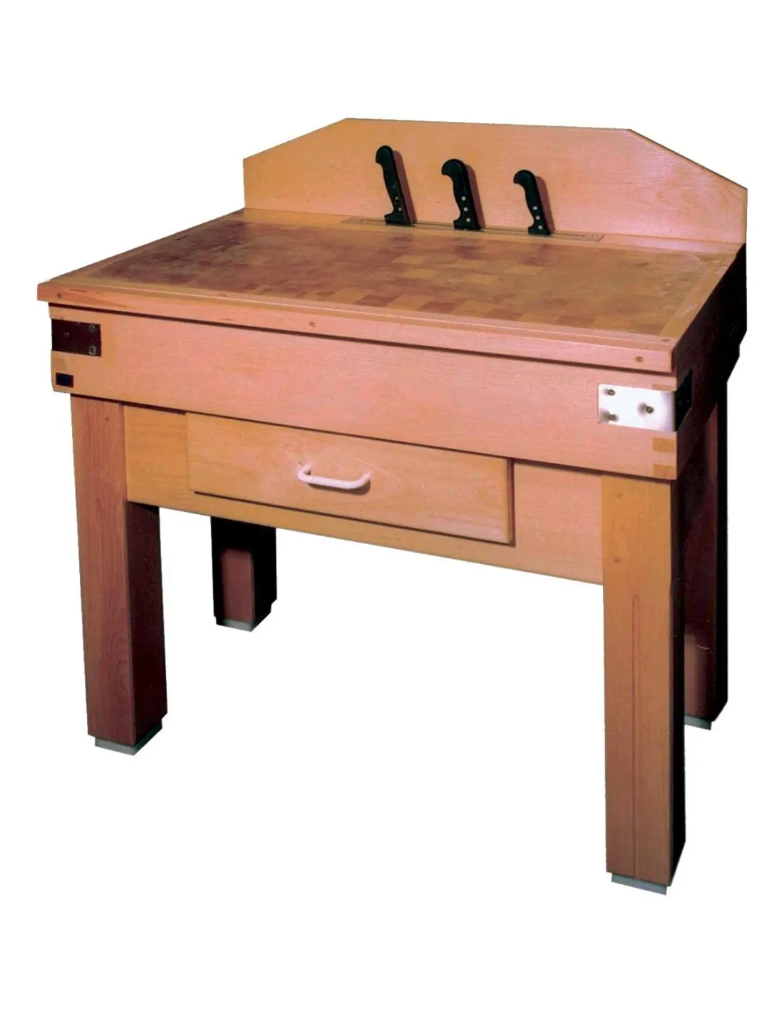 BILLOT BOIS MONTE COMPLET SUR PIETEMENT DESSUS REVERSIBLE 600 X 600 X 150 MM AVEC CEINTURE 2 COTES + EQUERRES INOX. ALESE ARRIER