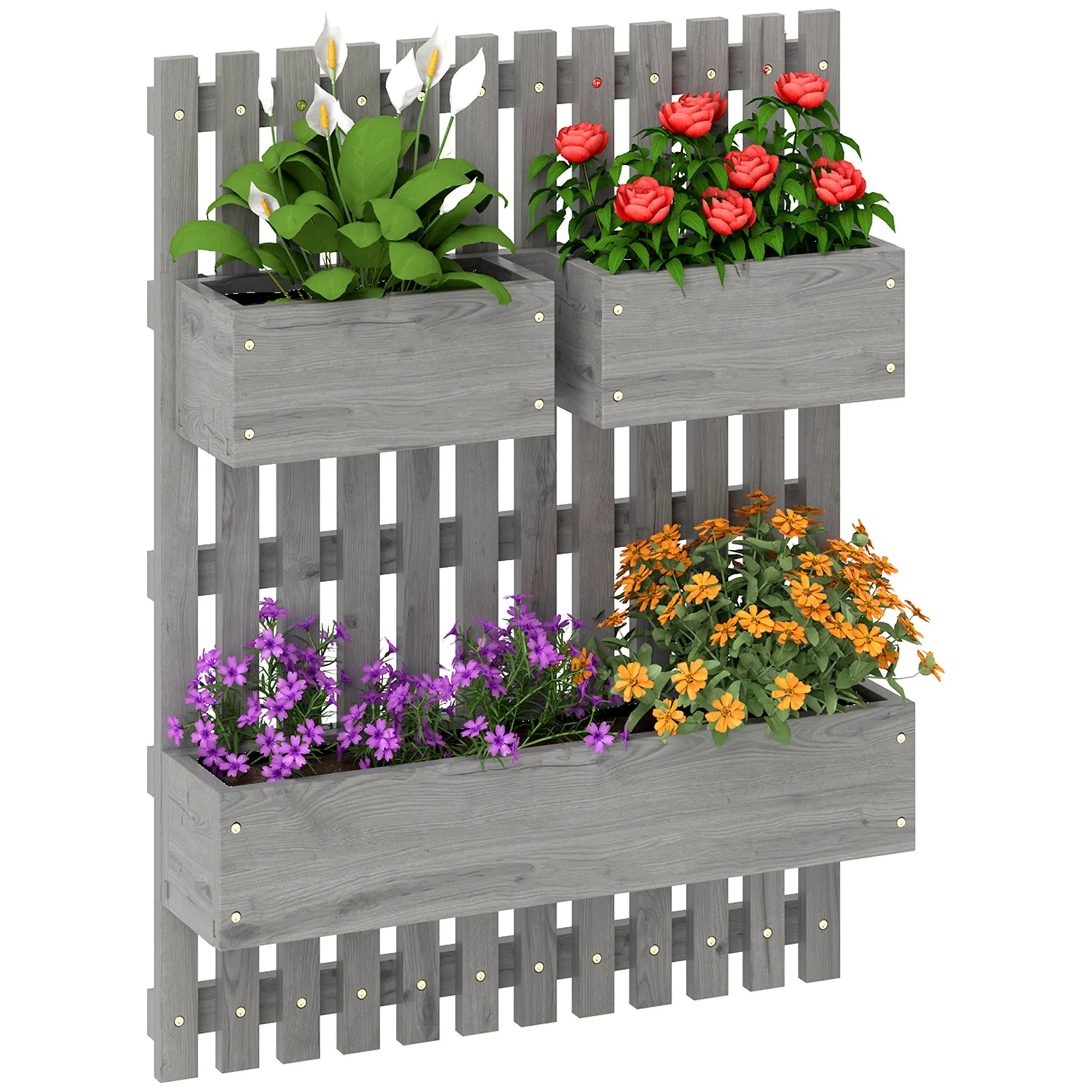 Wooden Garden Planters Grey Wall-mounted with Trellis Drainage Holes 3 Planter Boxes for Patio