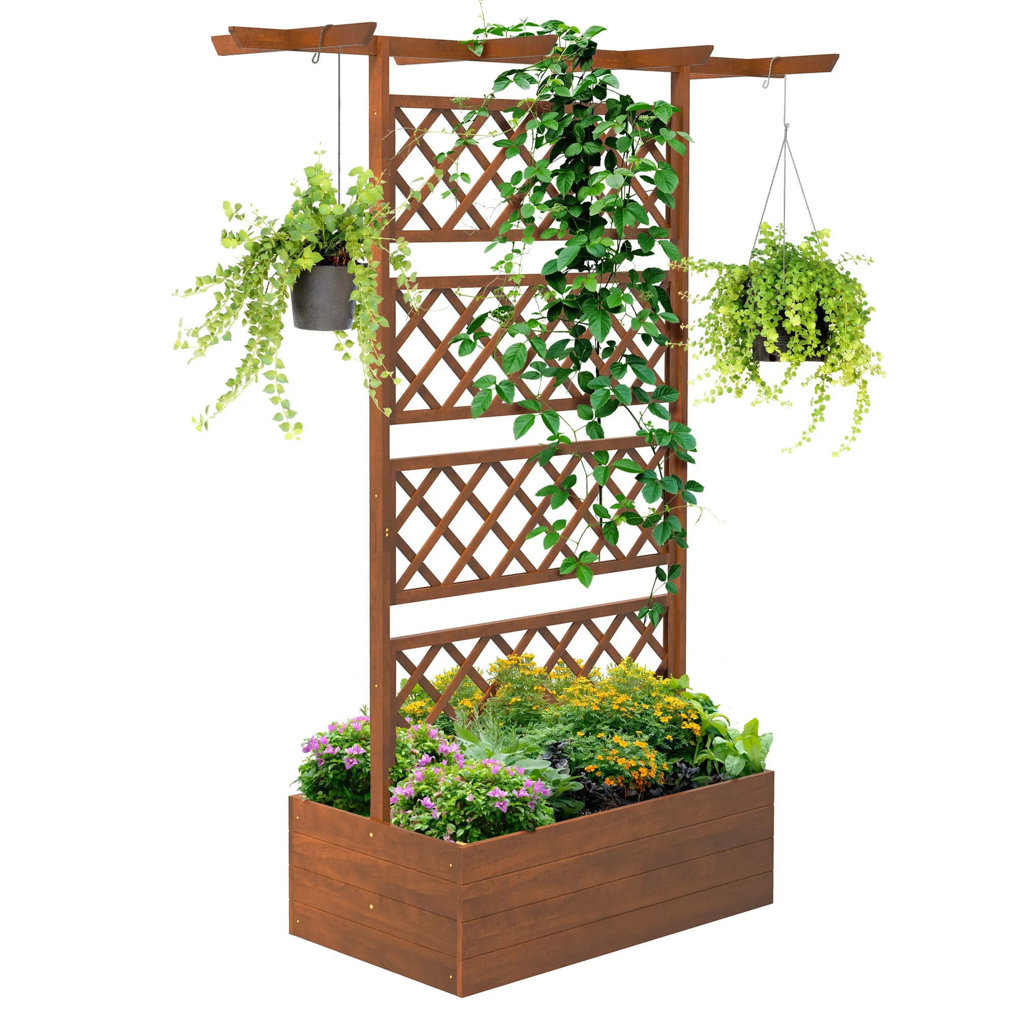 Wooden Trellis Planter Box Orange Raised Garden Bed to Grow Vegetables Herbs Flowers