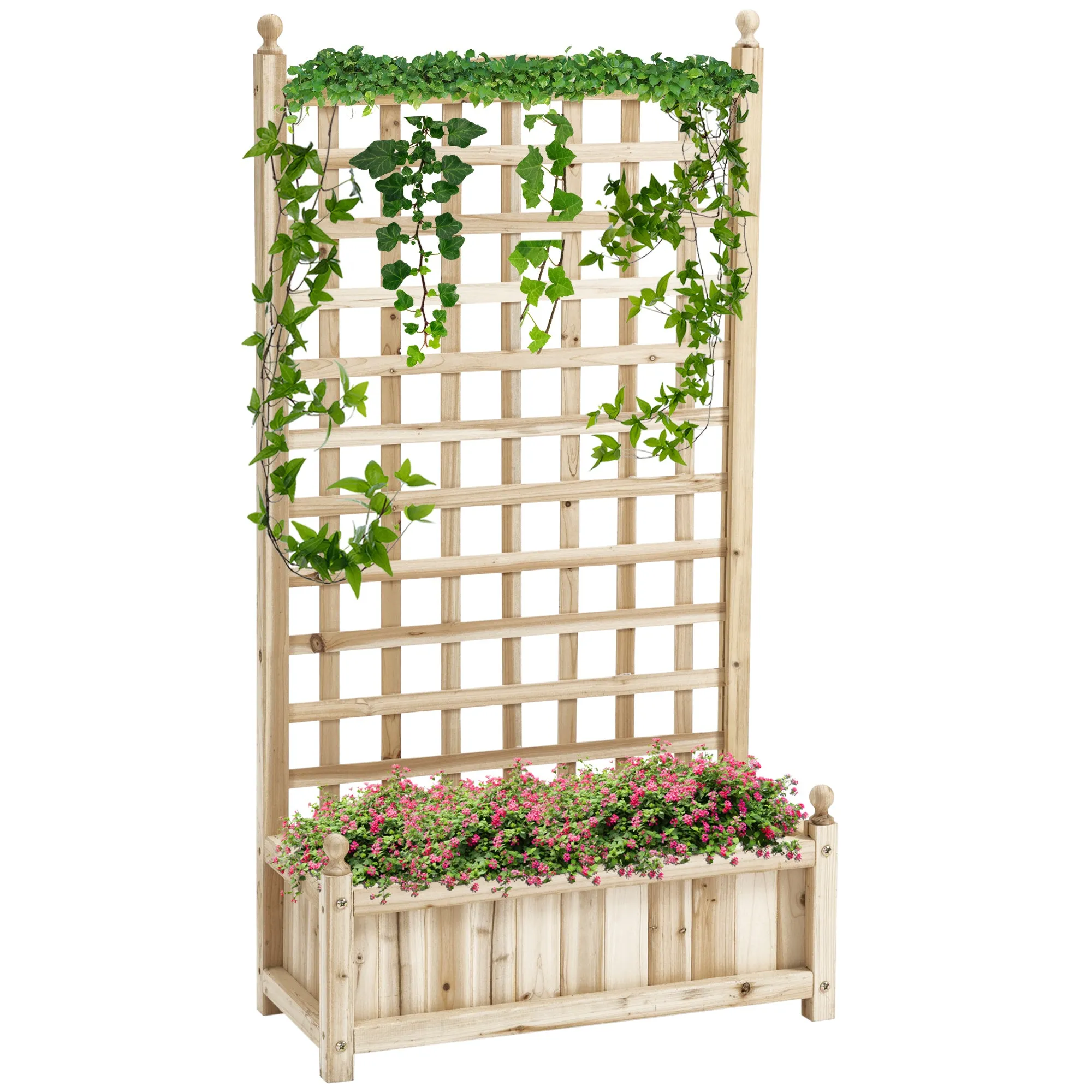 Wooden Garden Planters Natural with Trellis for Climbing Vines Raised Beds Flower Pot Indoor Outdoor